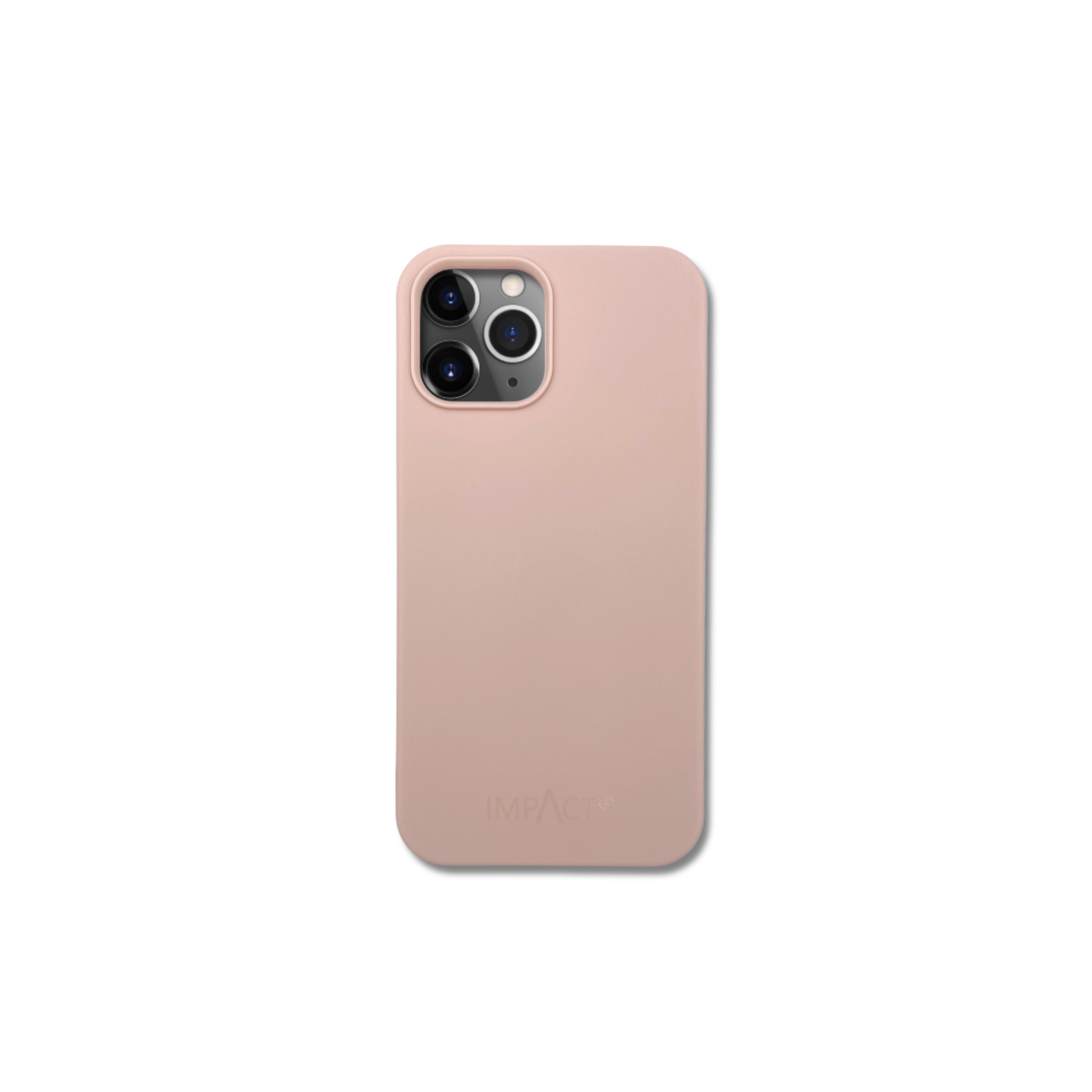 Custodia rosa chiaro con tre obiettivi, marchio IMPACT. Sfondo bianco.