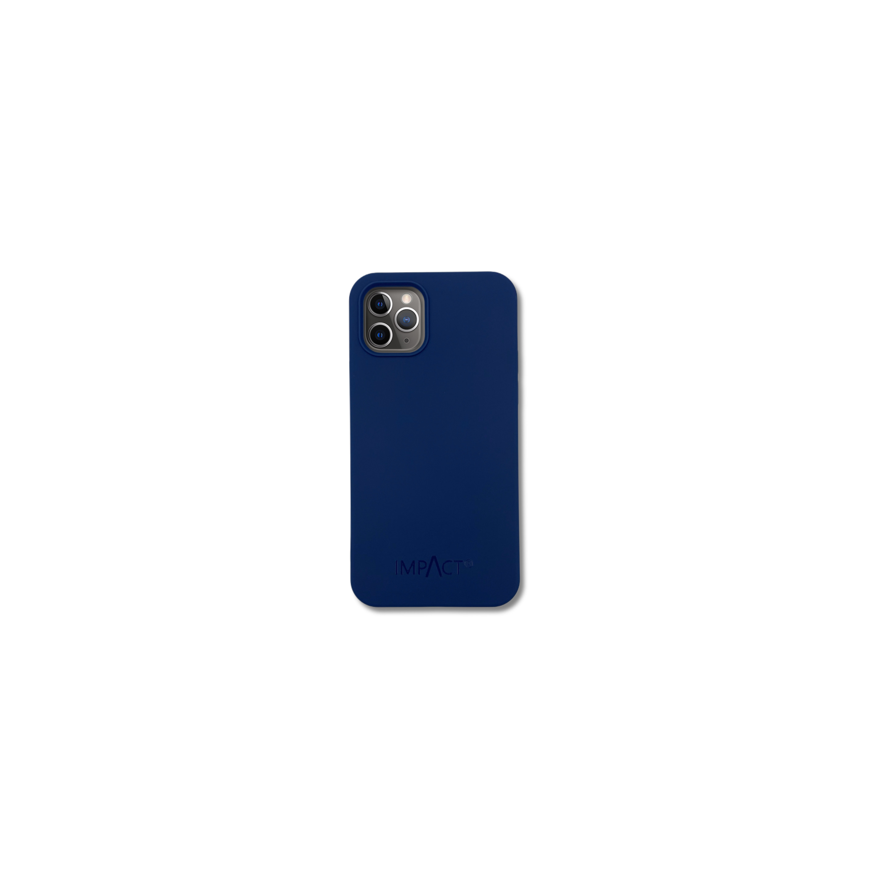 Custodia blu con tre fotocamere. Sfondo bianco. Marchio visibile in basso.