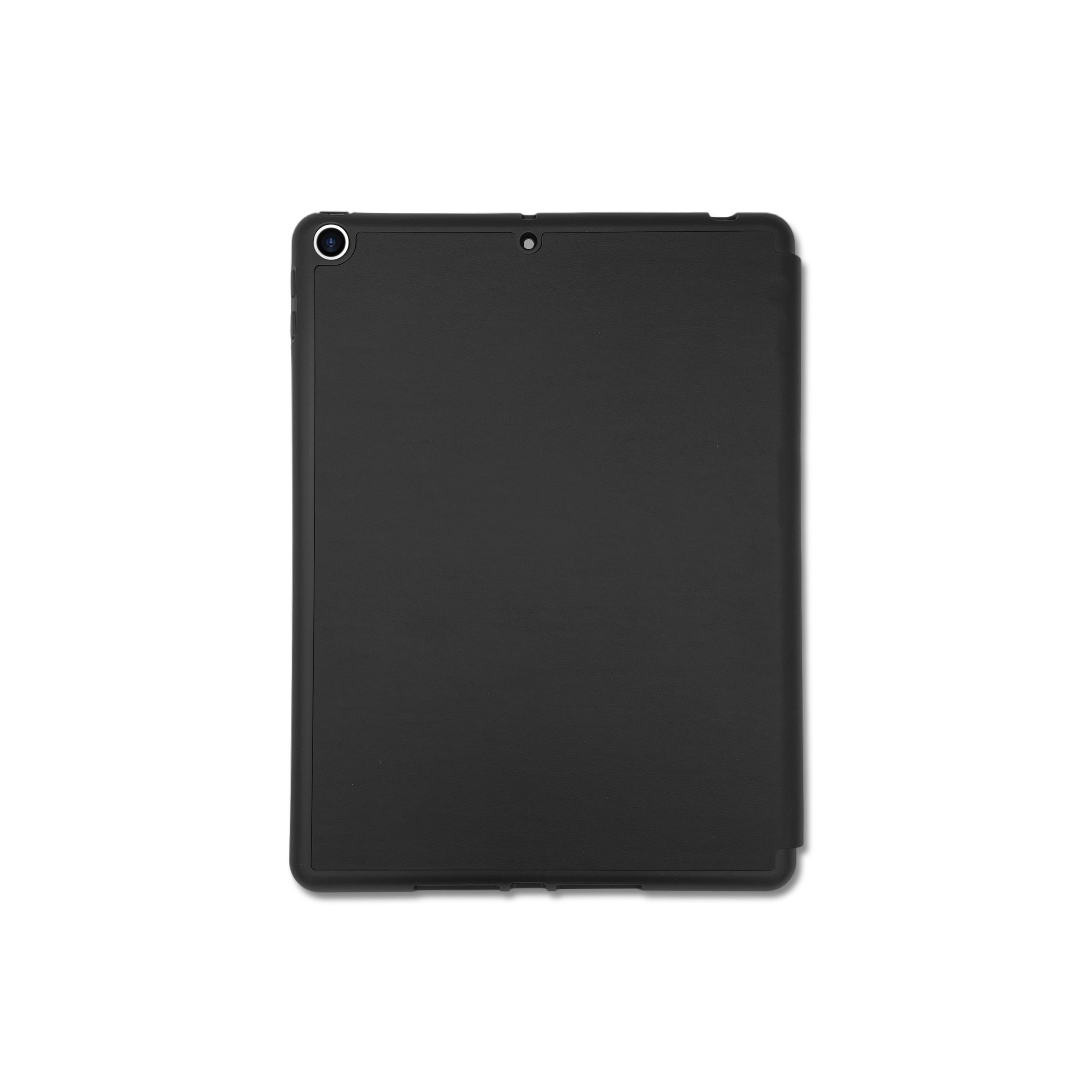 Schwarze Tablethülle. Weißer Hintergrund. Eine Kamera ist oben links sichtbar.