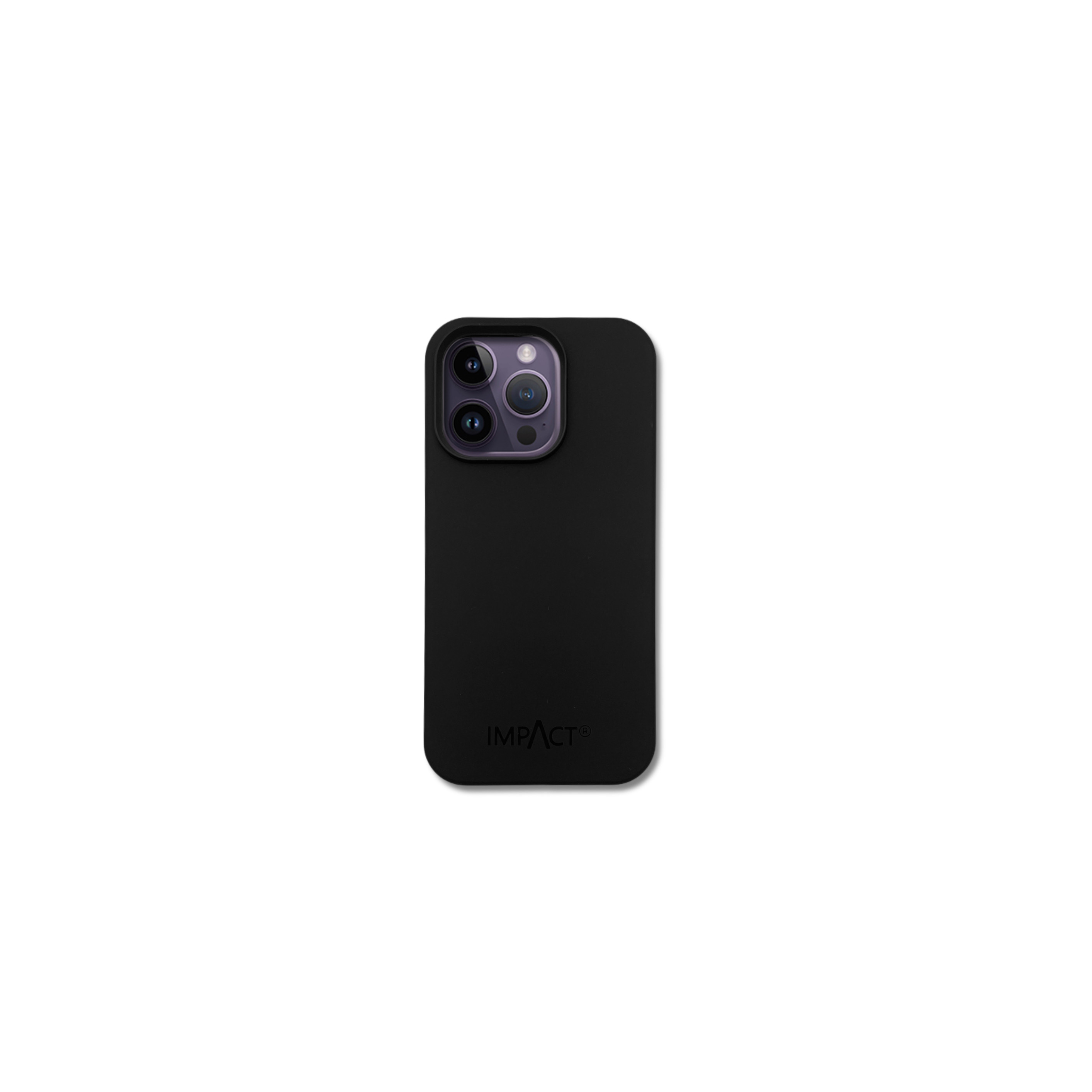 Custodia nera per telefono con tre lenti della fotocamera. La custodia ha il logo 'IMPACT'. Sfondo bianco.