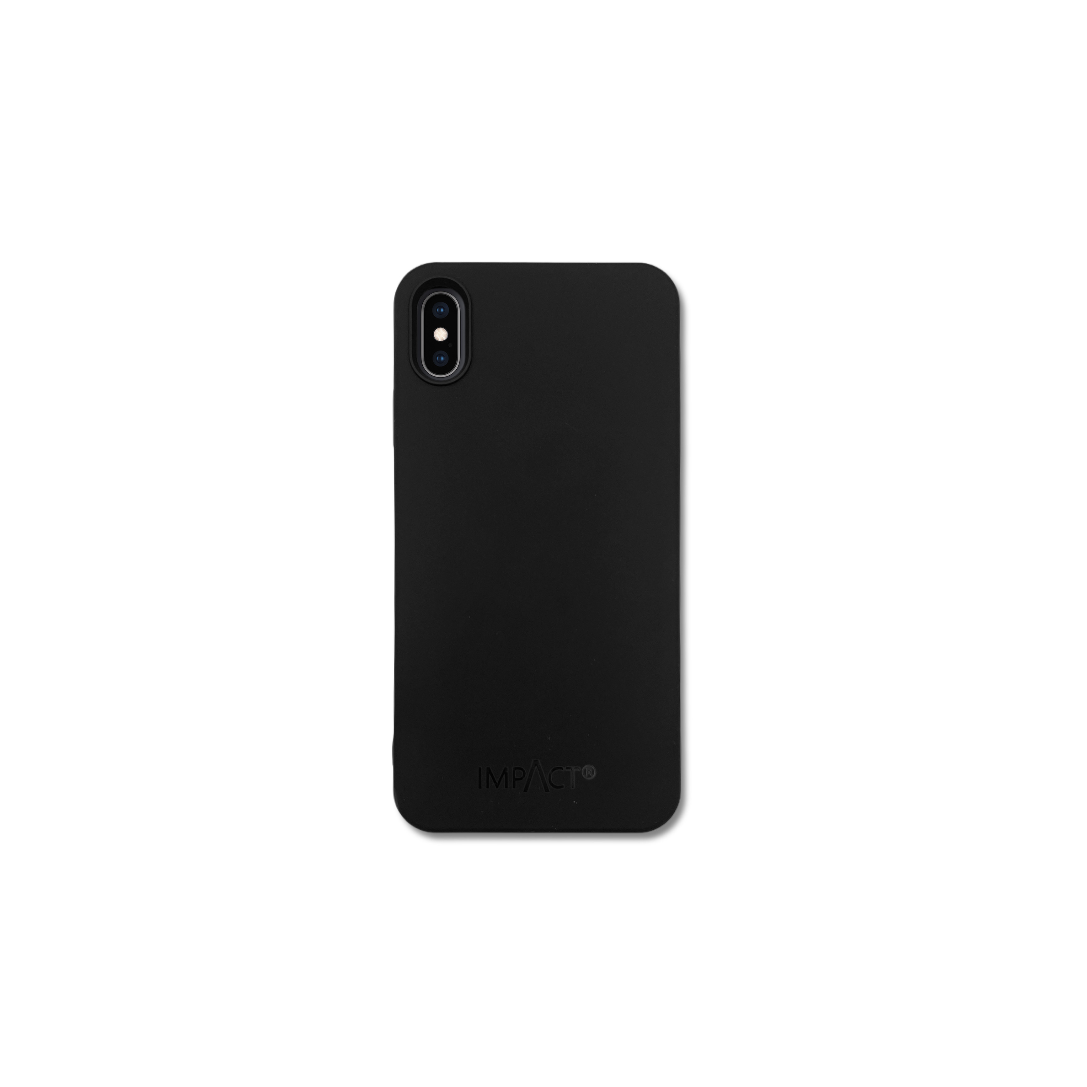 Custodia nera per telefono con una lente della fotocamera. La custodia ha il logo 'IMPACT'. Sfondo bianco.