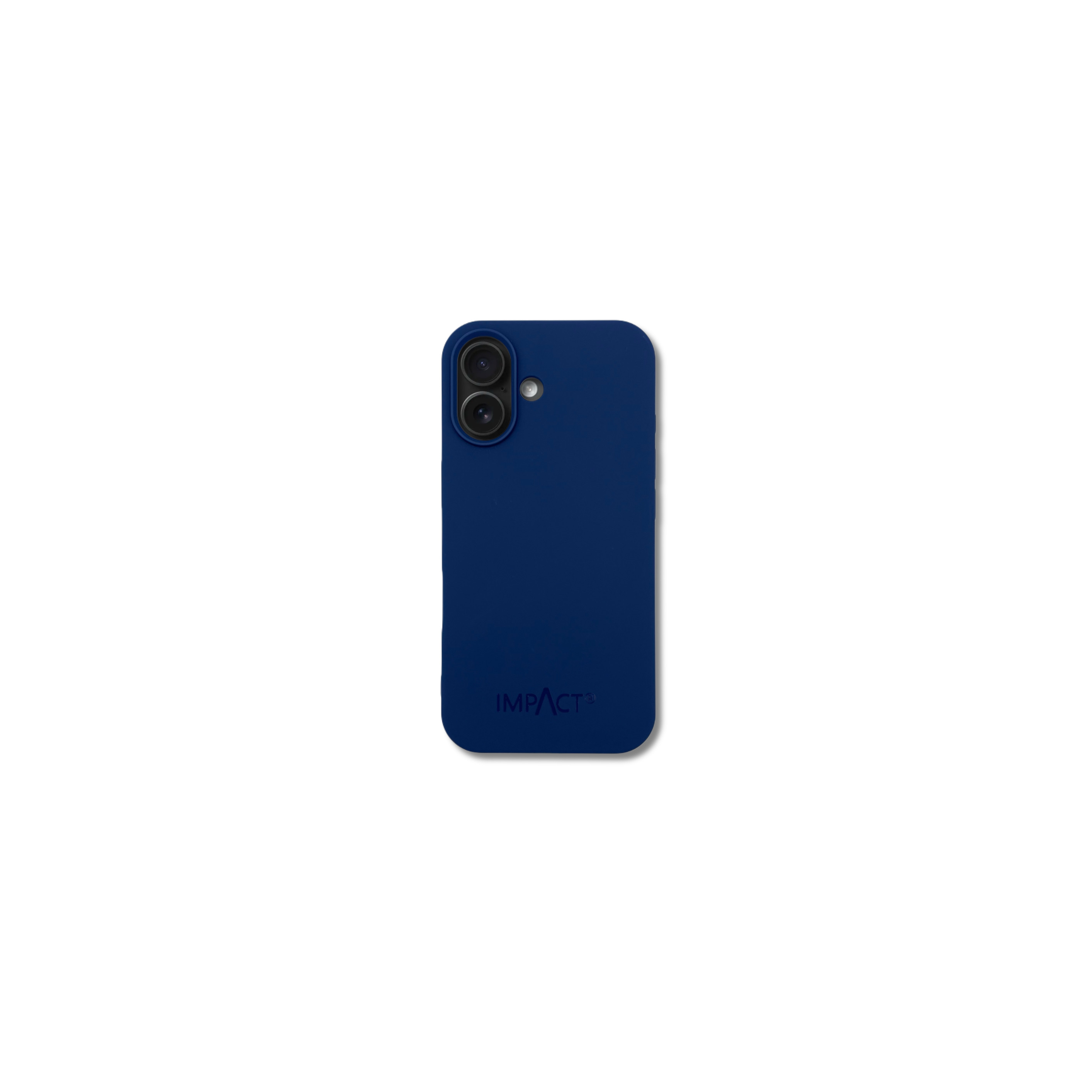 Custodia blu navy con fotocamera e logo IMPACT, sfondo bianco.