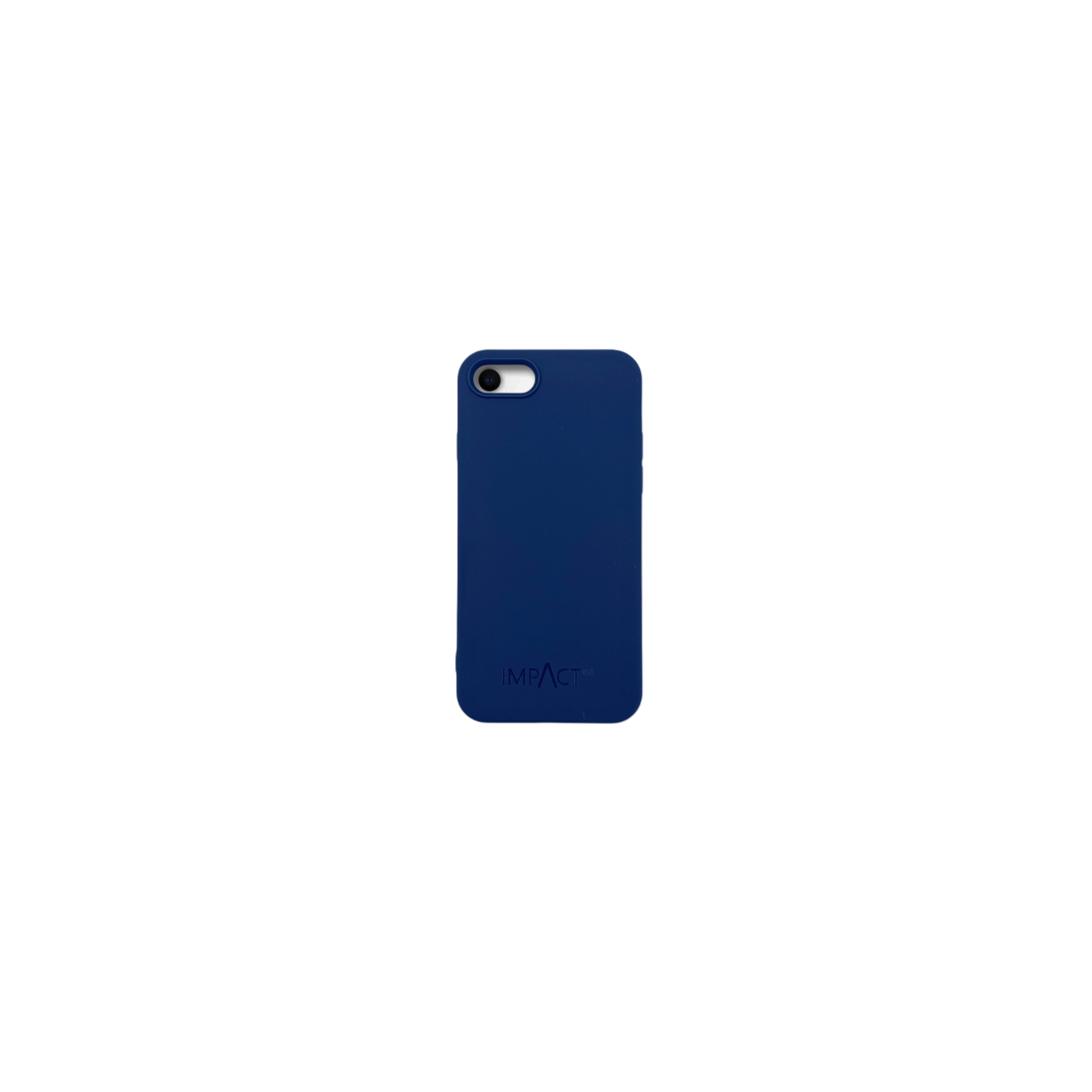 Custodia blu navy con fotocamera singola e logo IMPACT, sfondo bianco.