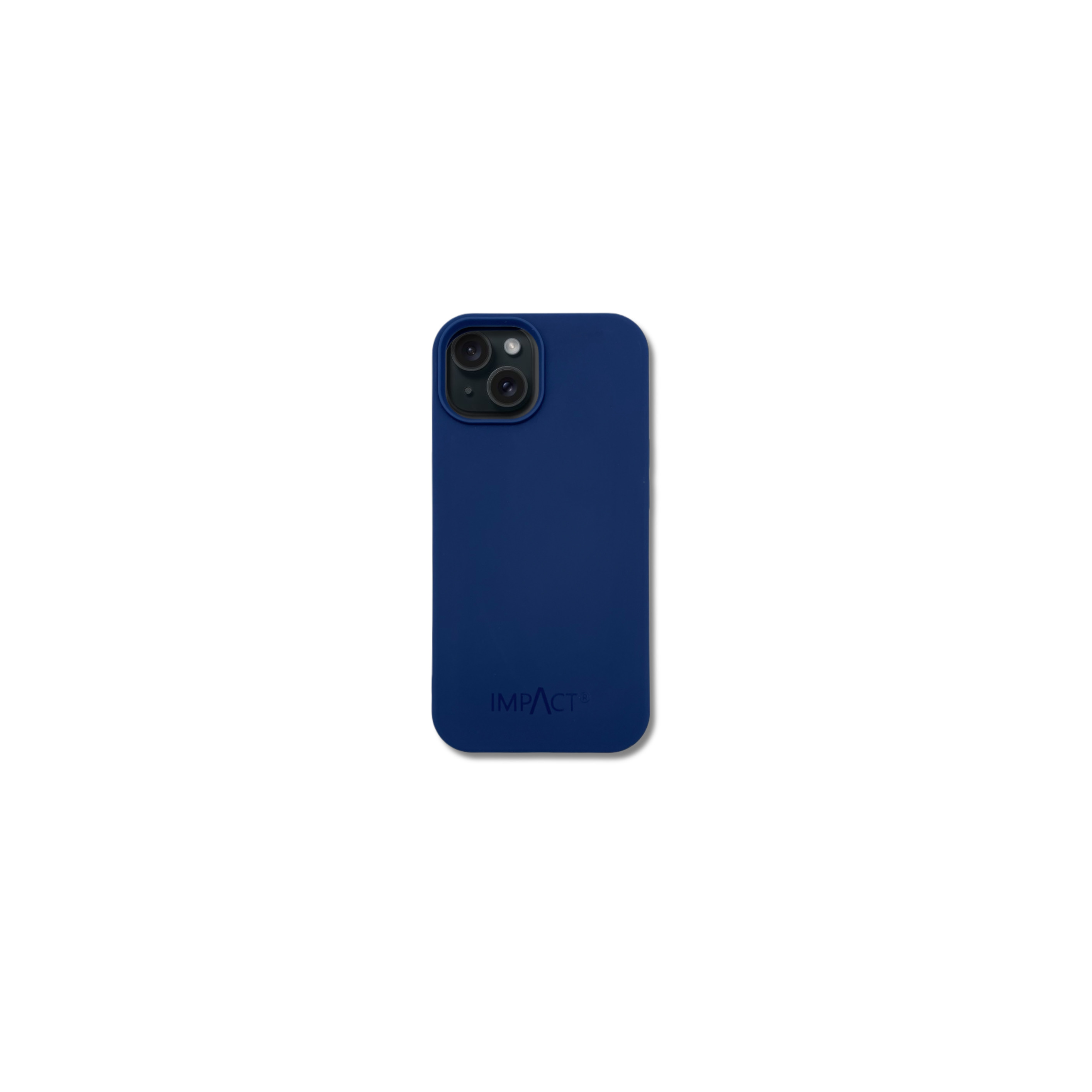 Custodia blu navy con fotocamera e logo IMPACT, sfondo bianco.