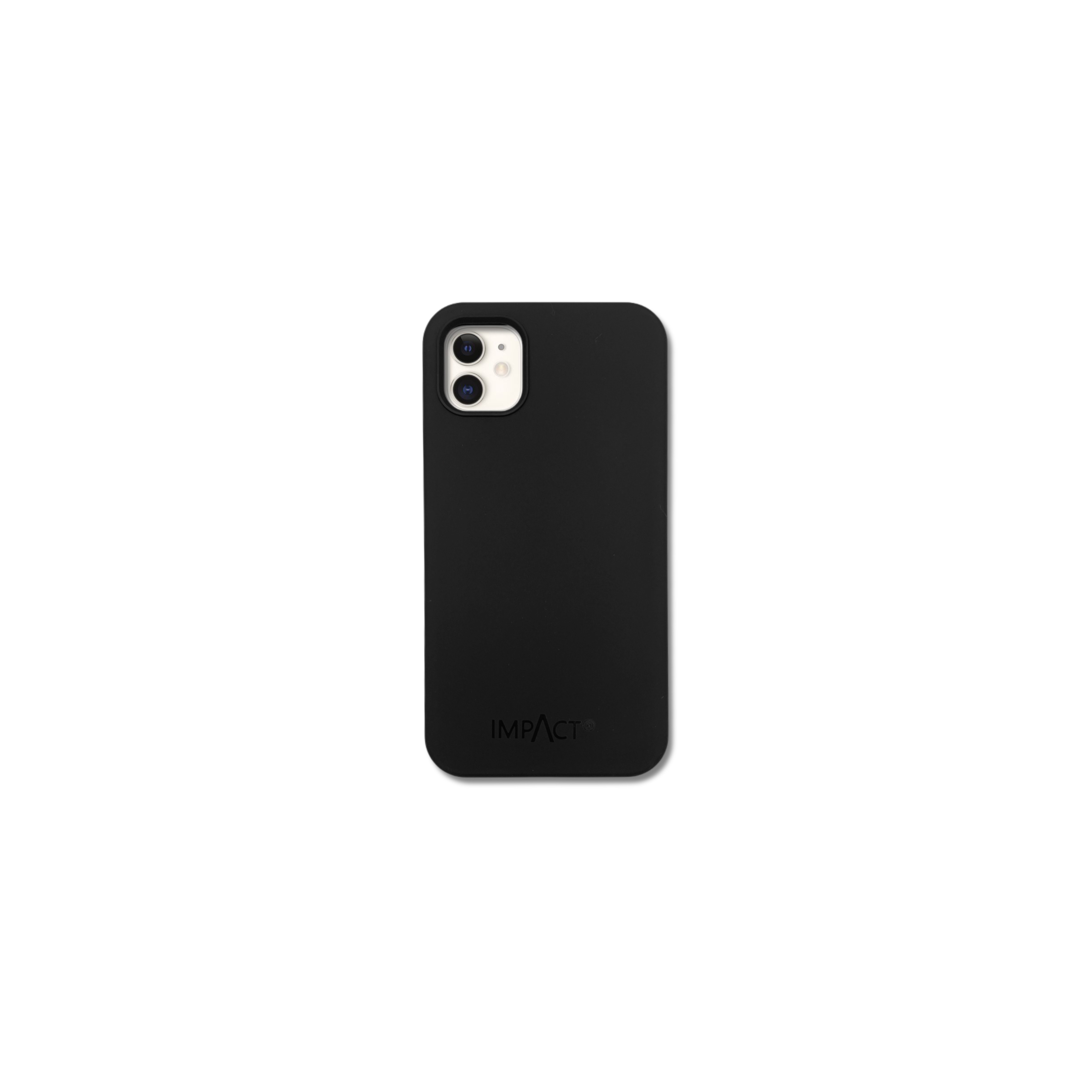 Custodia nera per telefono con fotocamera e logo IMPACT, sfondo bianco.