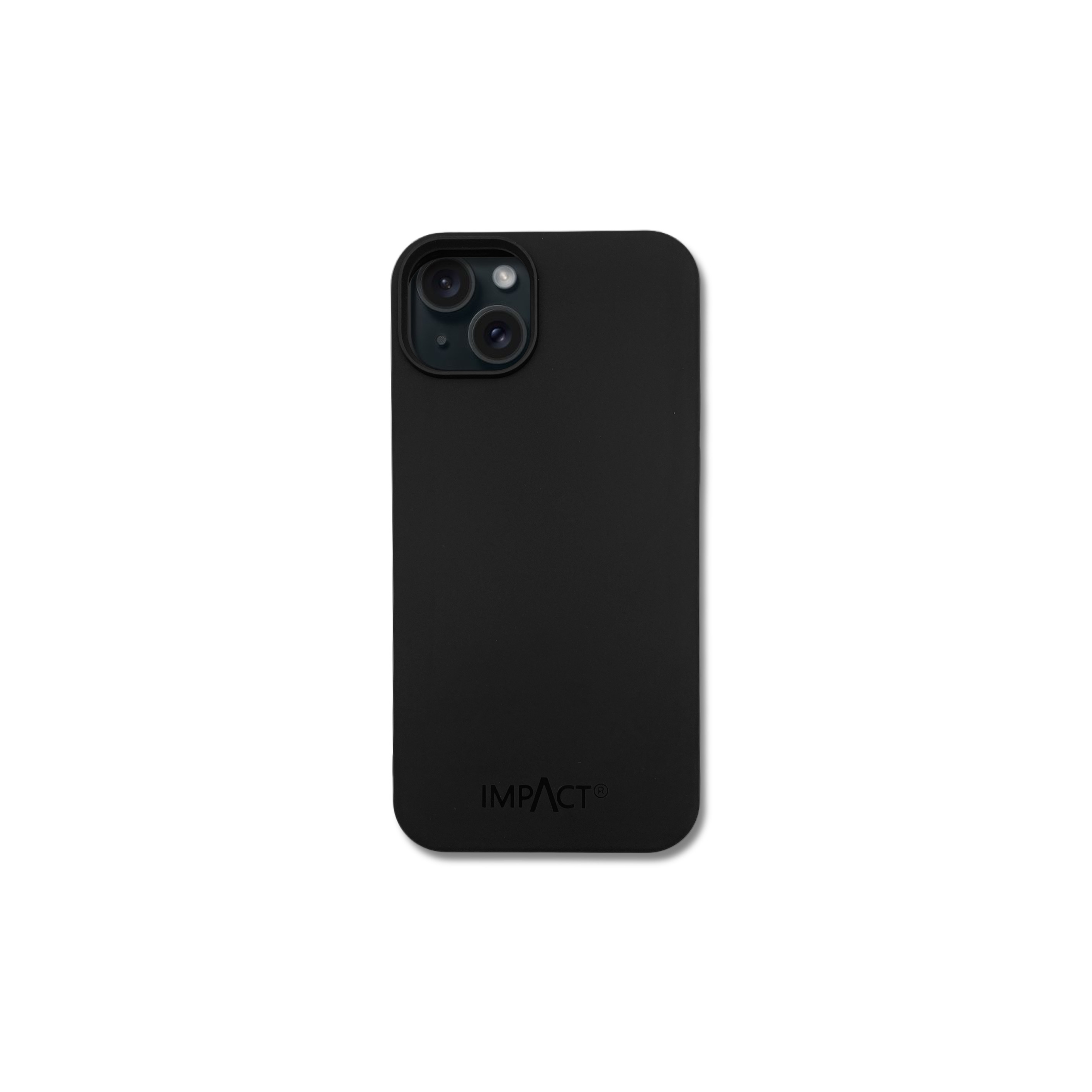 Custodia nera per telefono con fotocamera e logo IMPACT, sfondo bianco.