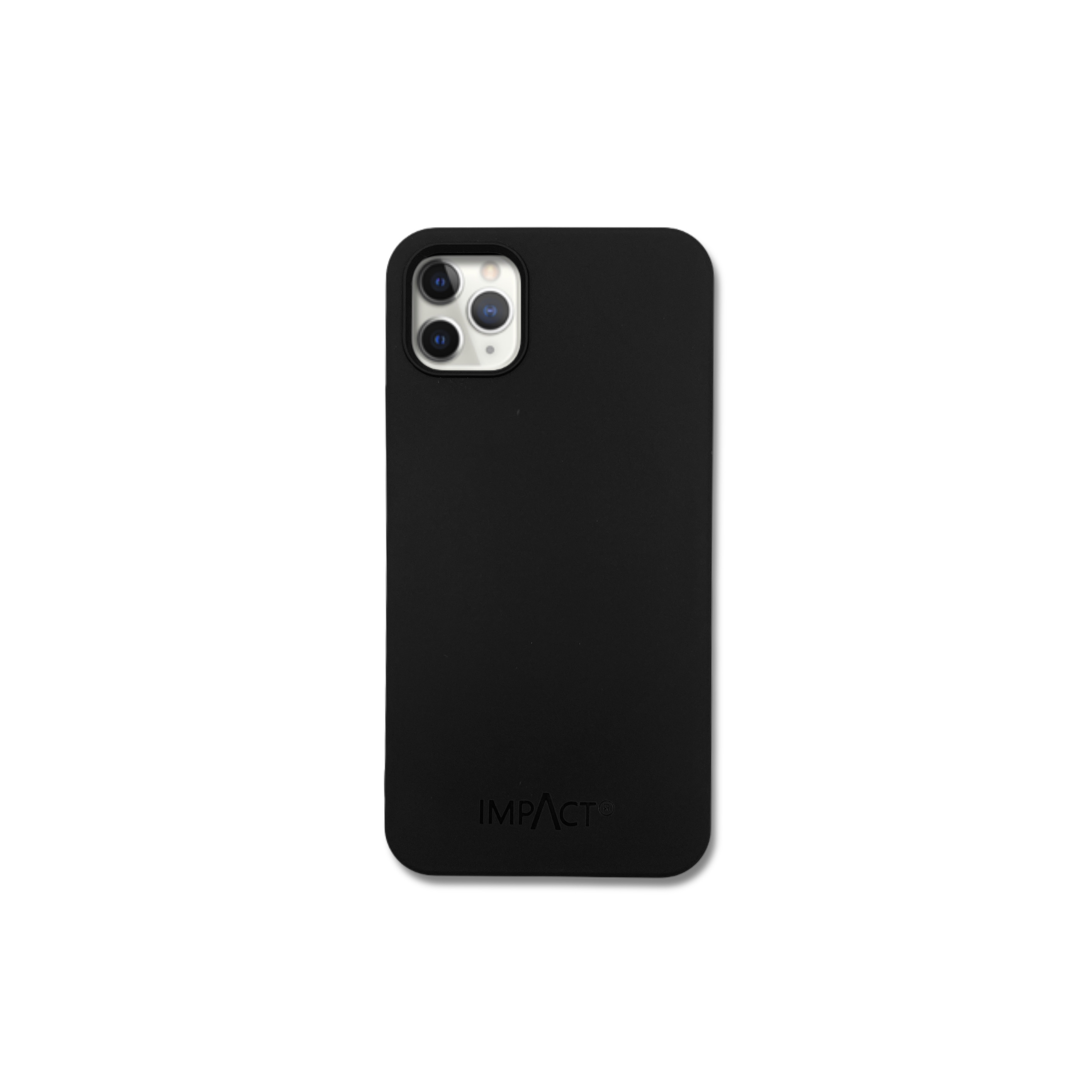Custodia nera per telefono con fotocamera e logo IMPACT, sfondo bianco.