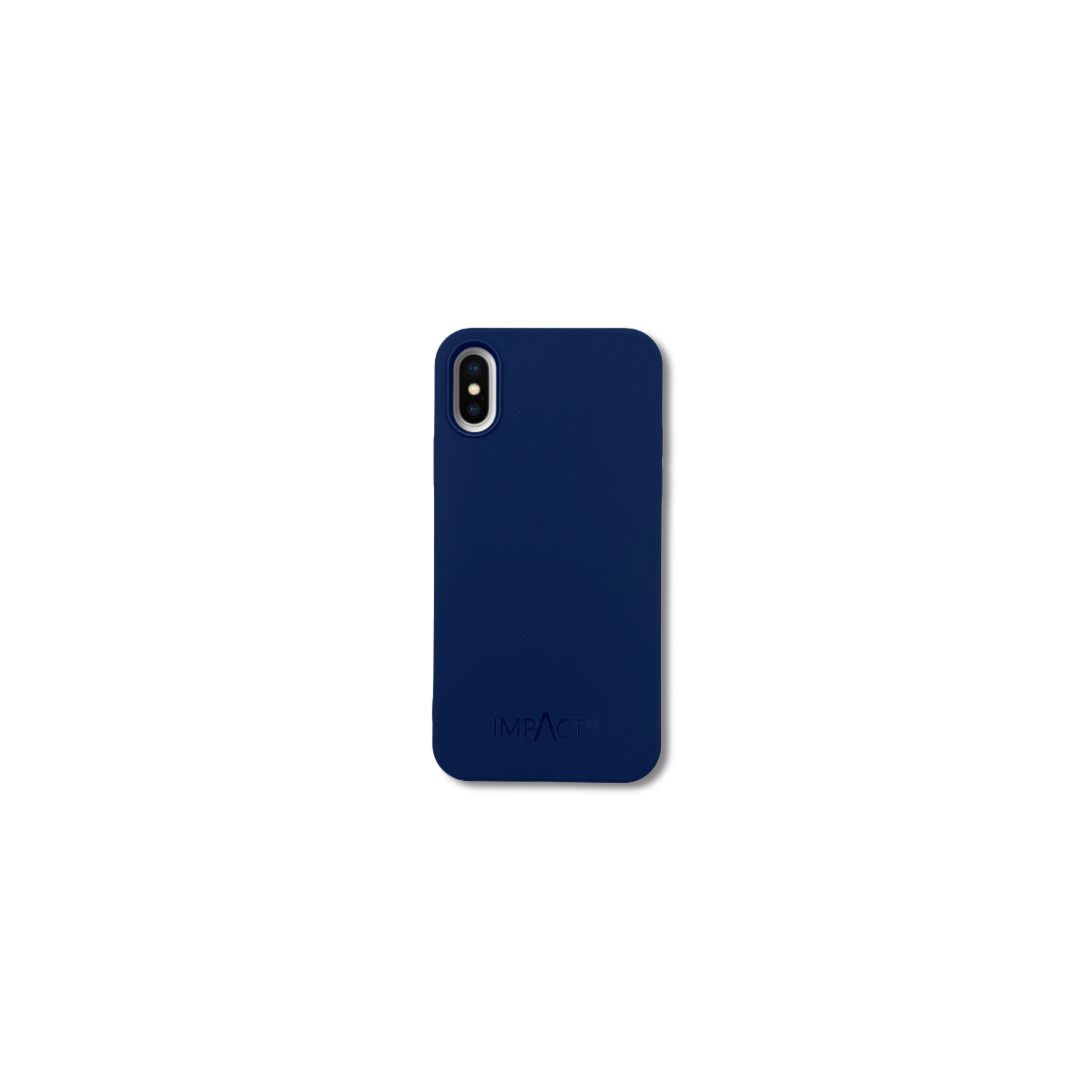Custodia blu navy per telefono con una fotocamera. Logo IMPACT visibile.