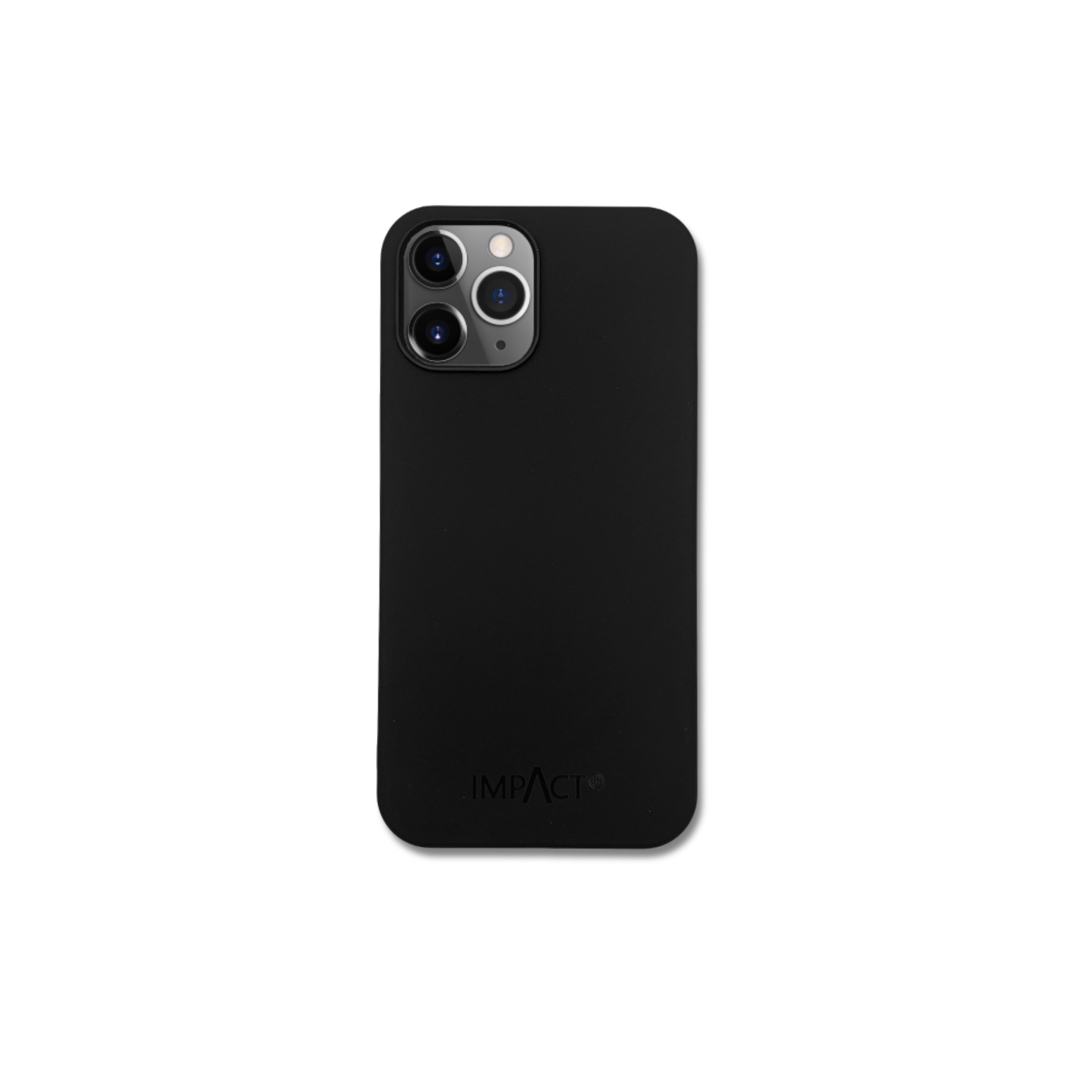 Custodia nera per telefono con tre fotocamere. Logo IMPACT visibile.