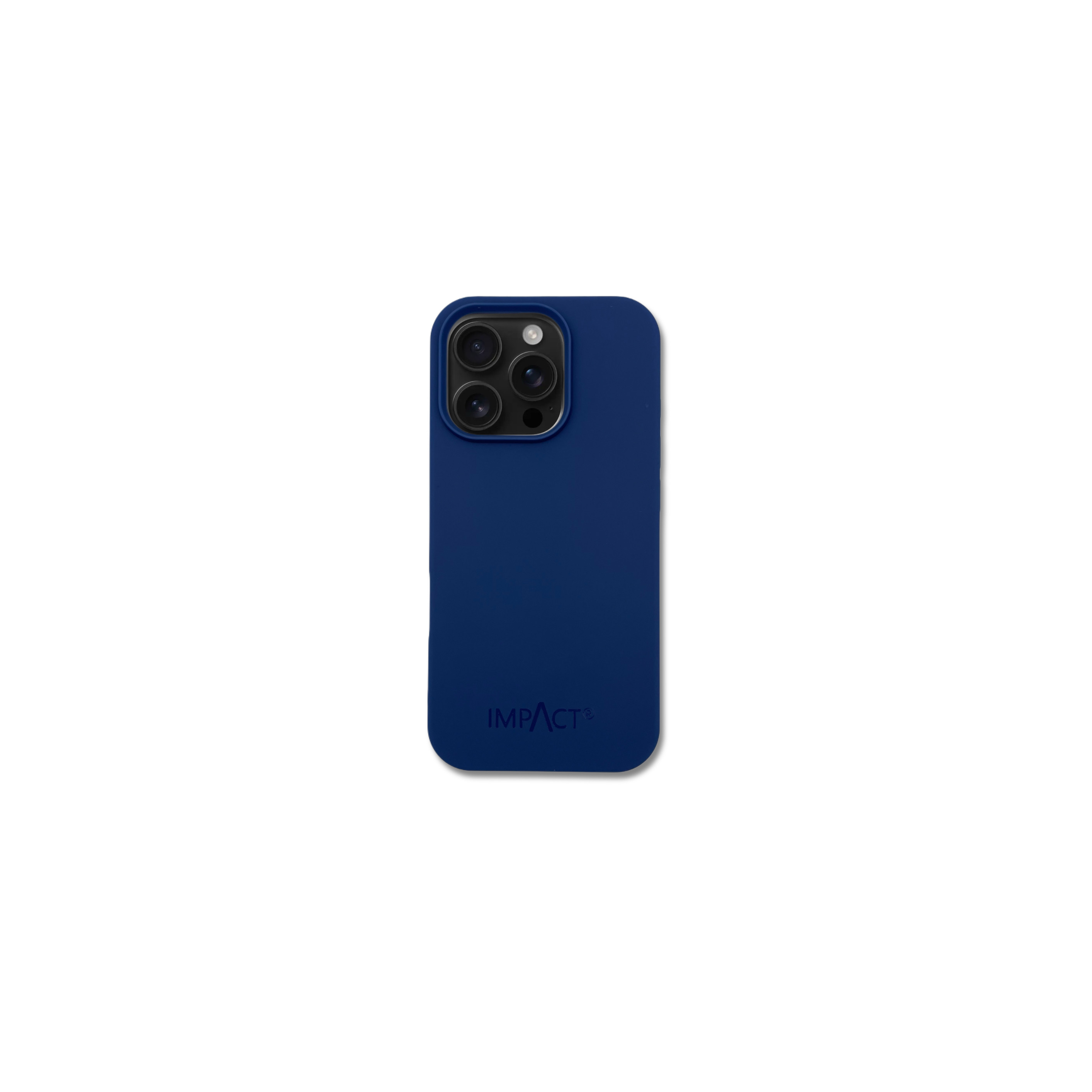 Una custodia per telefono blu navy con la scritta IMPACT. La custodia ha un modulo fotocamera.