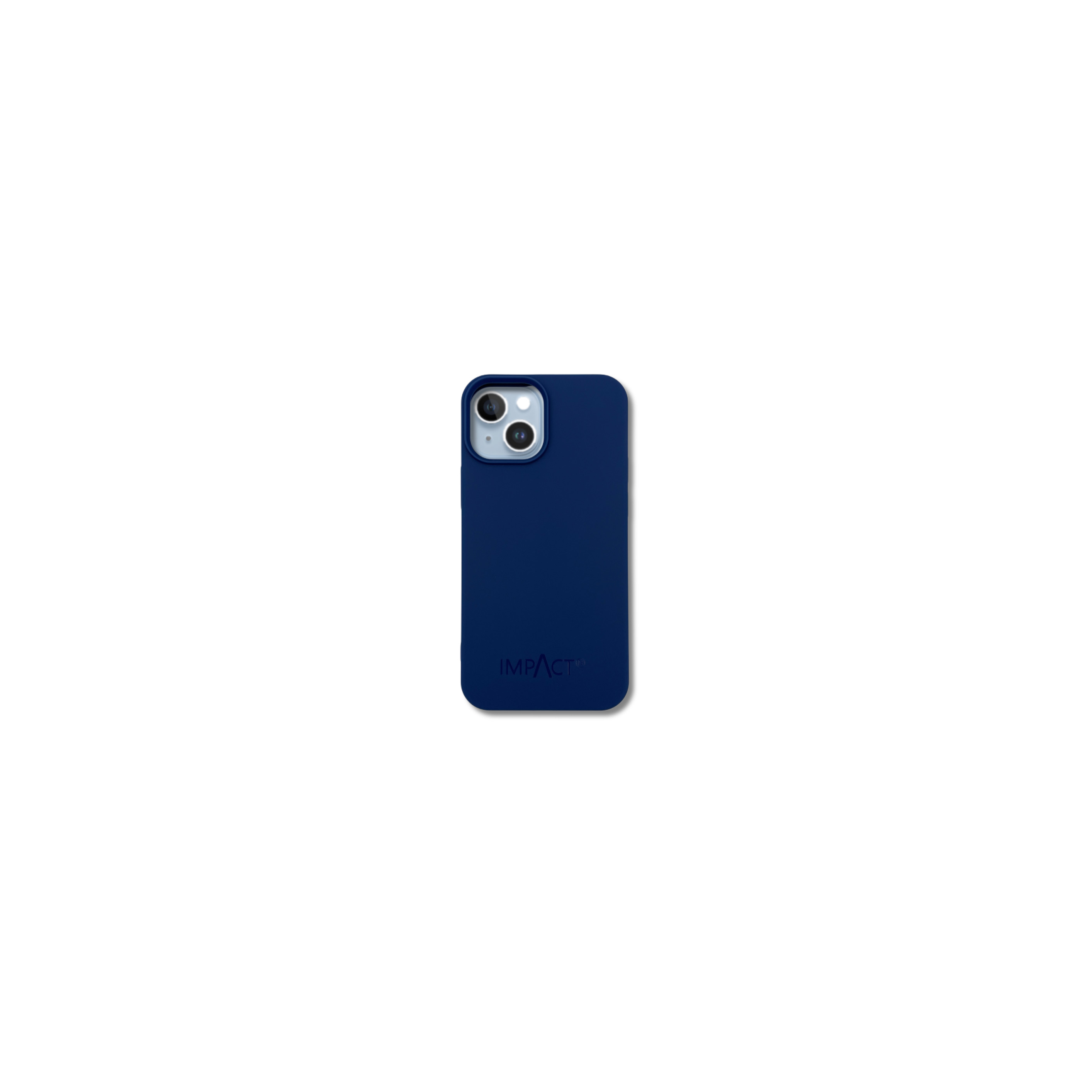 Una custodia per telefono blu navy con la scritta IMPACT. La custodia ha un modulo fotocamera.