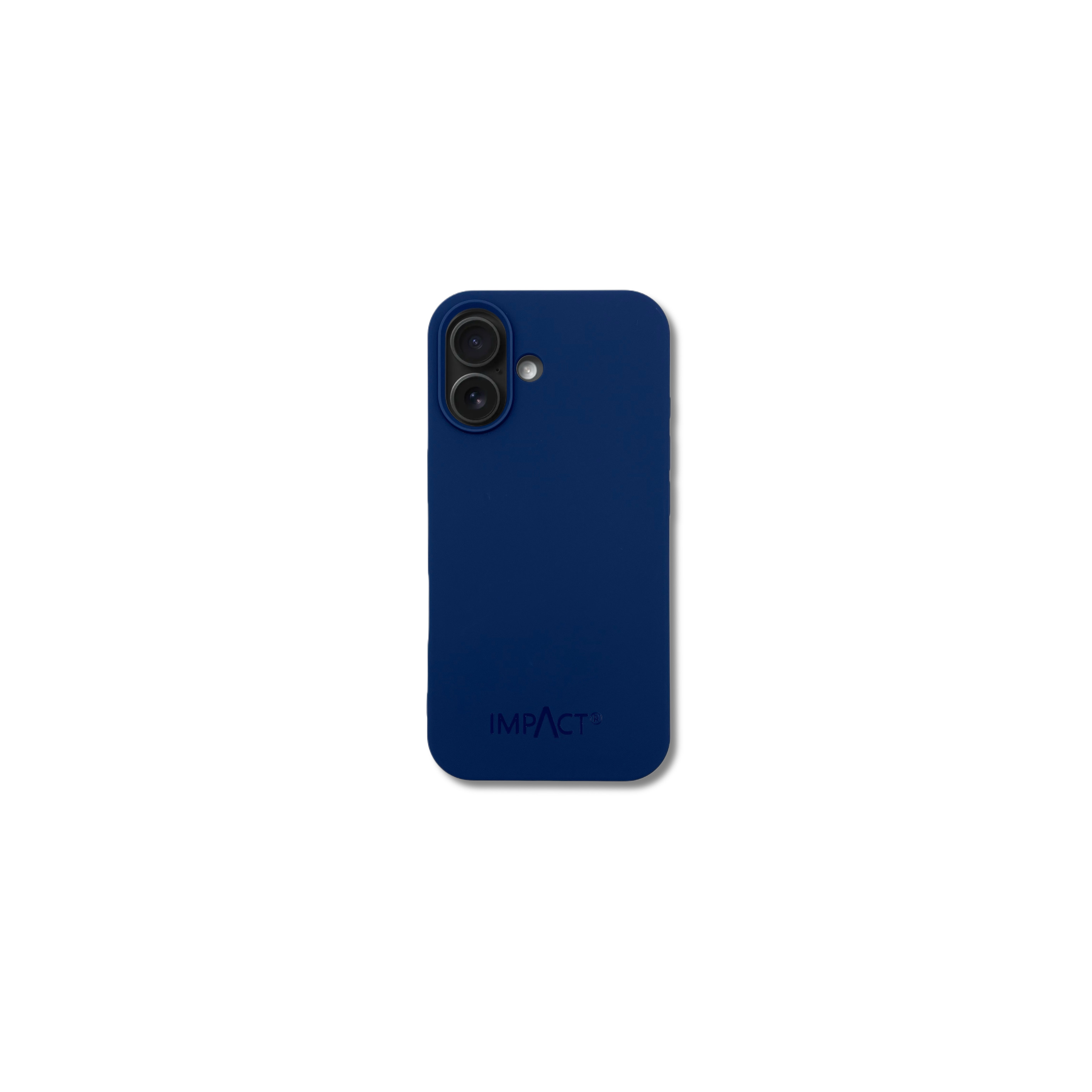 Una custodia per telefono blu navy con la scritta IMPACT. La custodia ha un modulo fotocamera.