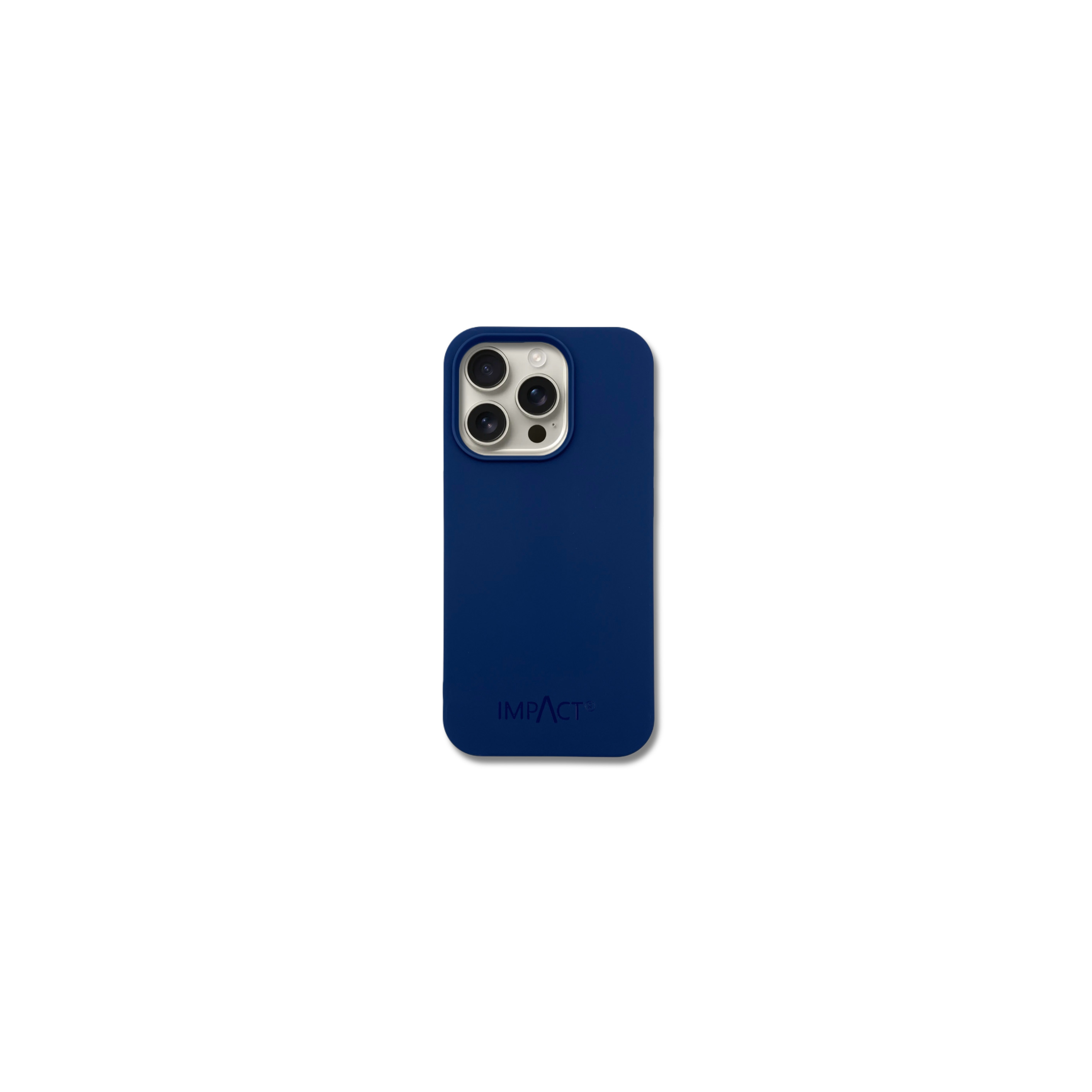 Una custodia per telefono blu navy con la scritta IMPACT. La custodia ha un modulo fotocamera.