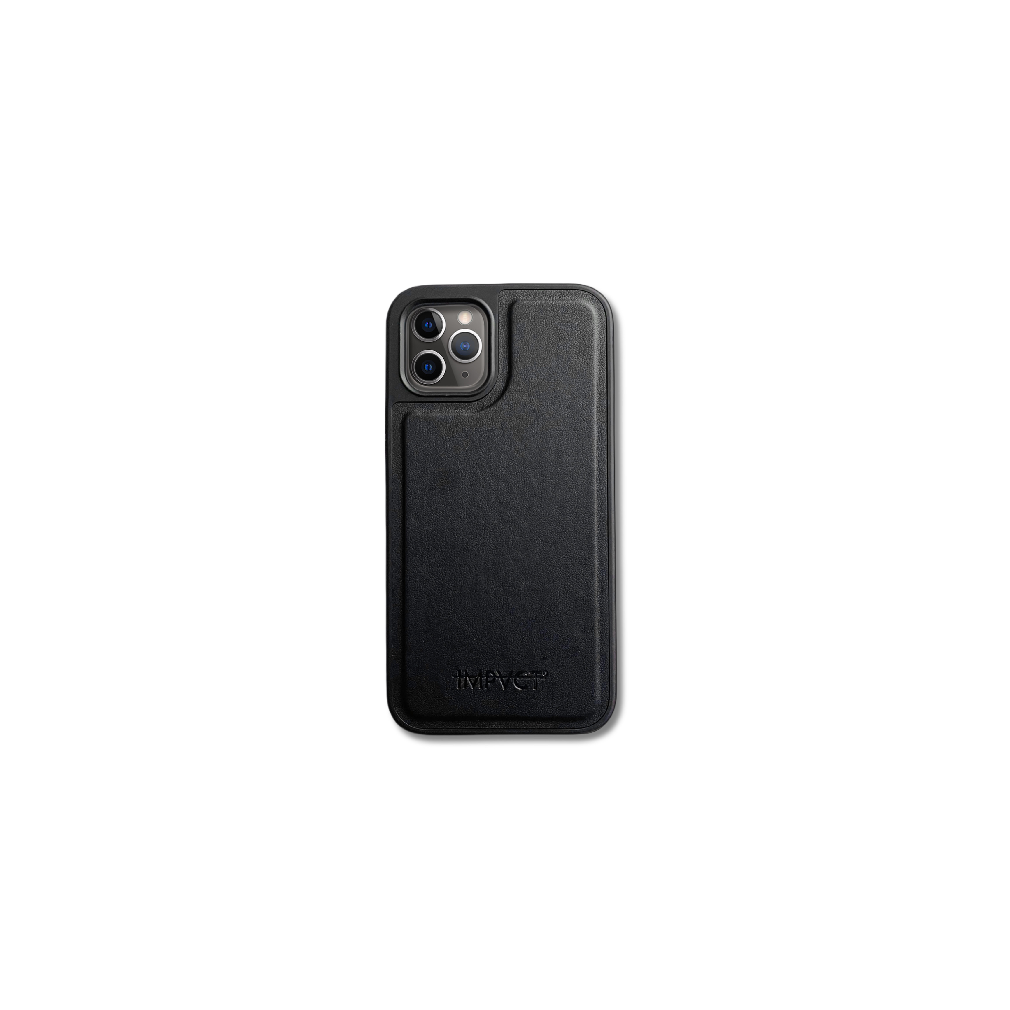 Una custodia per telefono nera con scritto IMPACT. La custodia ha un modulo fotocamera.