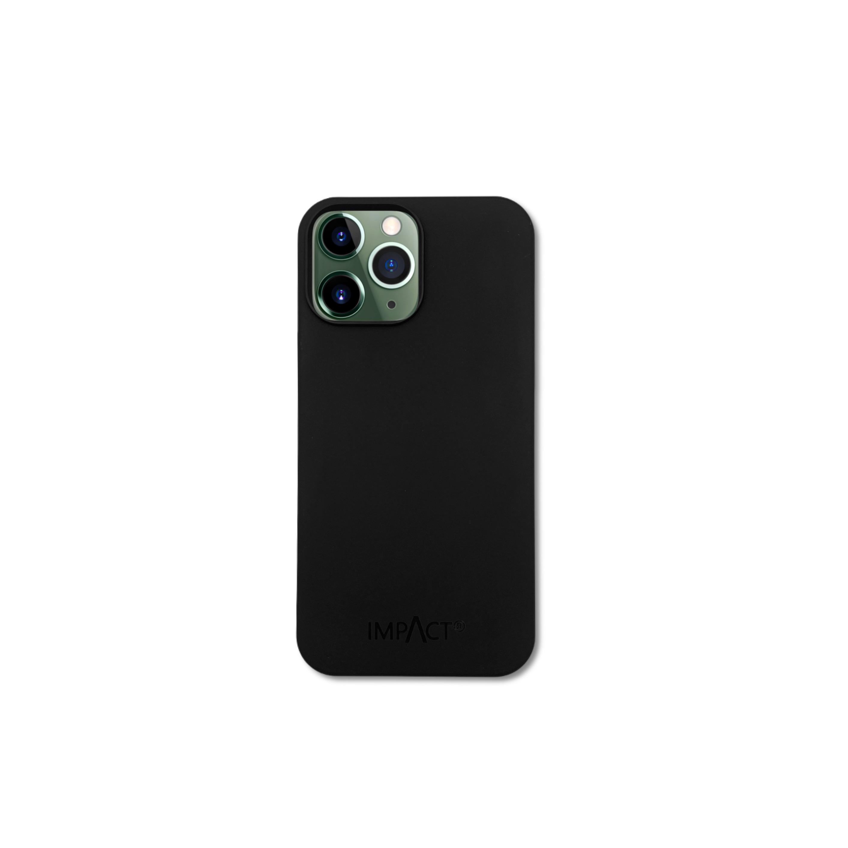 Una custodia per telefono nera con la scritta IMPACT. La custodia ha un modulo fotocamera.