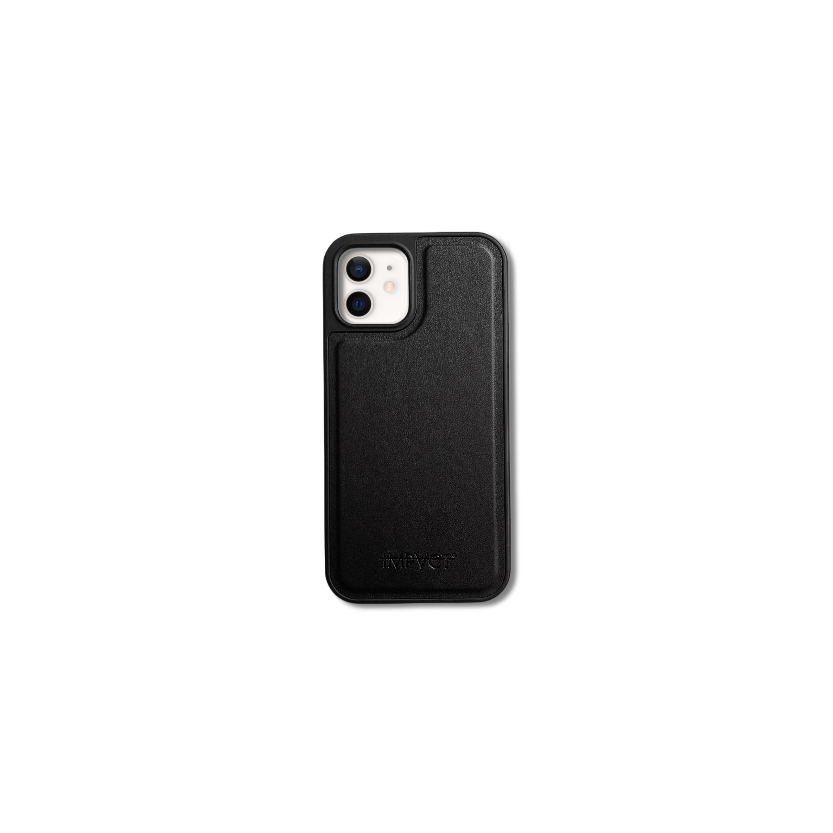 Custodia nera per telefono con due fotocamere. La custodia ha la scritta 'IMPACT'. Sfondo bianco.
