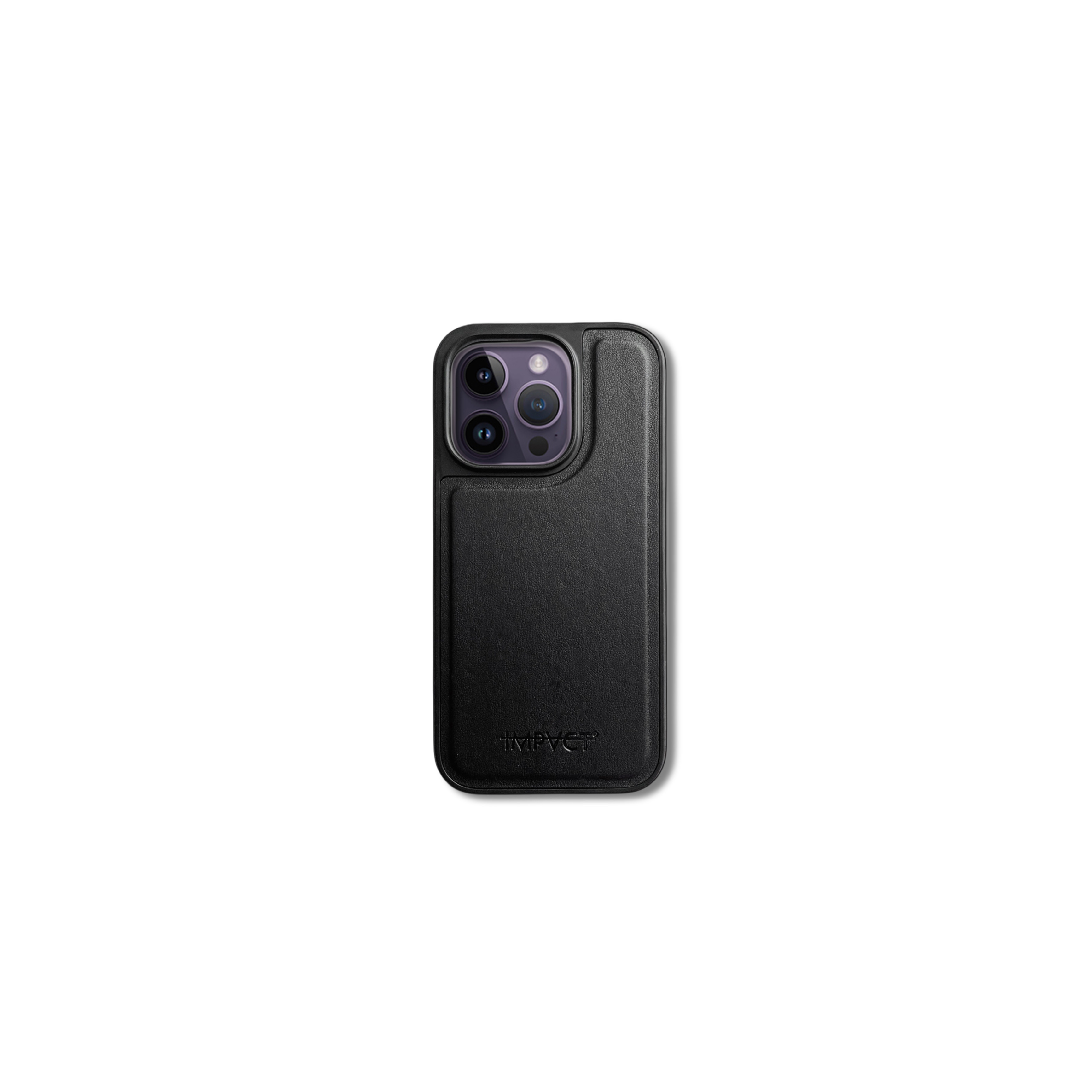 Custodia nera per telefono con tre fotocamere. La custodia ha la scritta 'IMPACT'. Sfondo bianco.