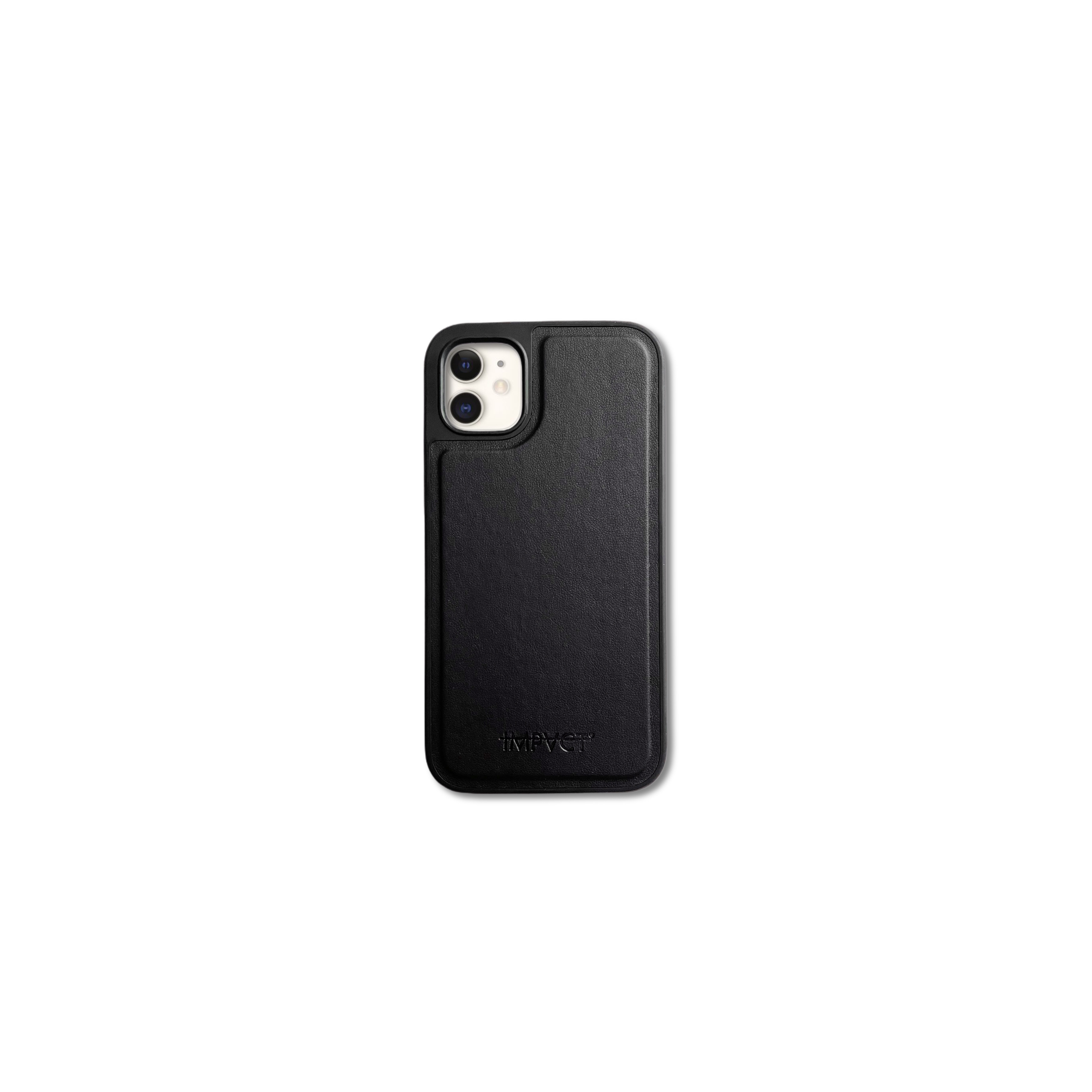 Custodia nera per telefono con due fotocamere. La custodia ha la scritta 'IMPACT'. Sfondo bianco.