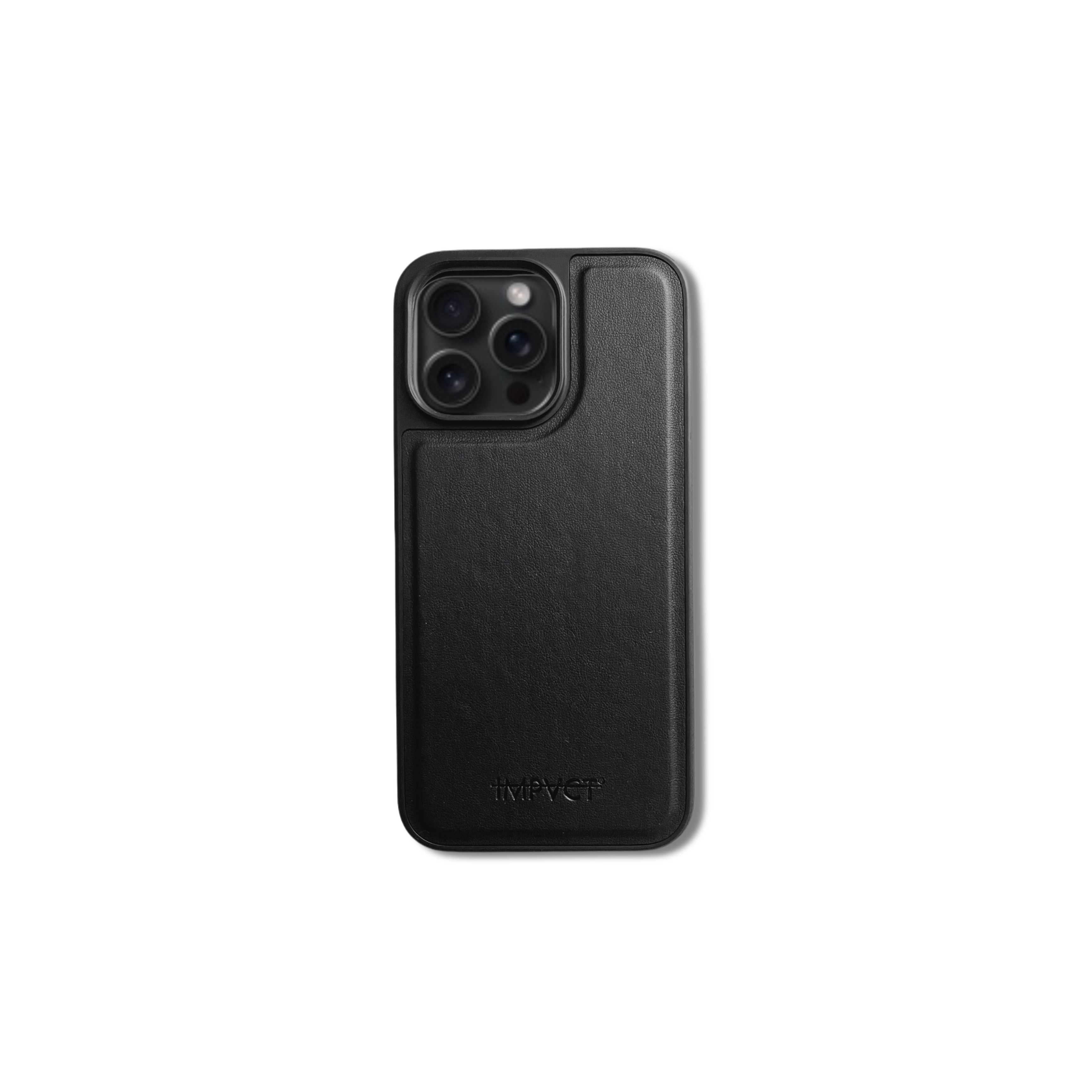 Custodia nera per telefono con tre fotocamere. La custodia ha la scritta 'IMPACT'. Sfondo bianco.