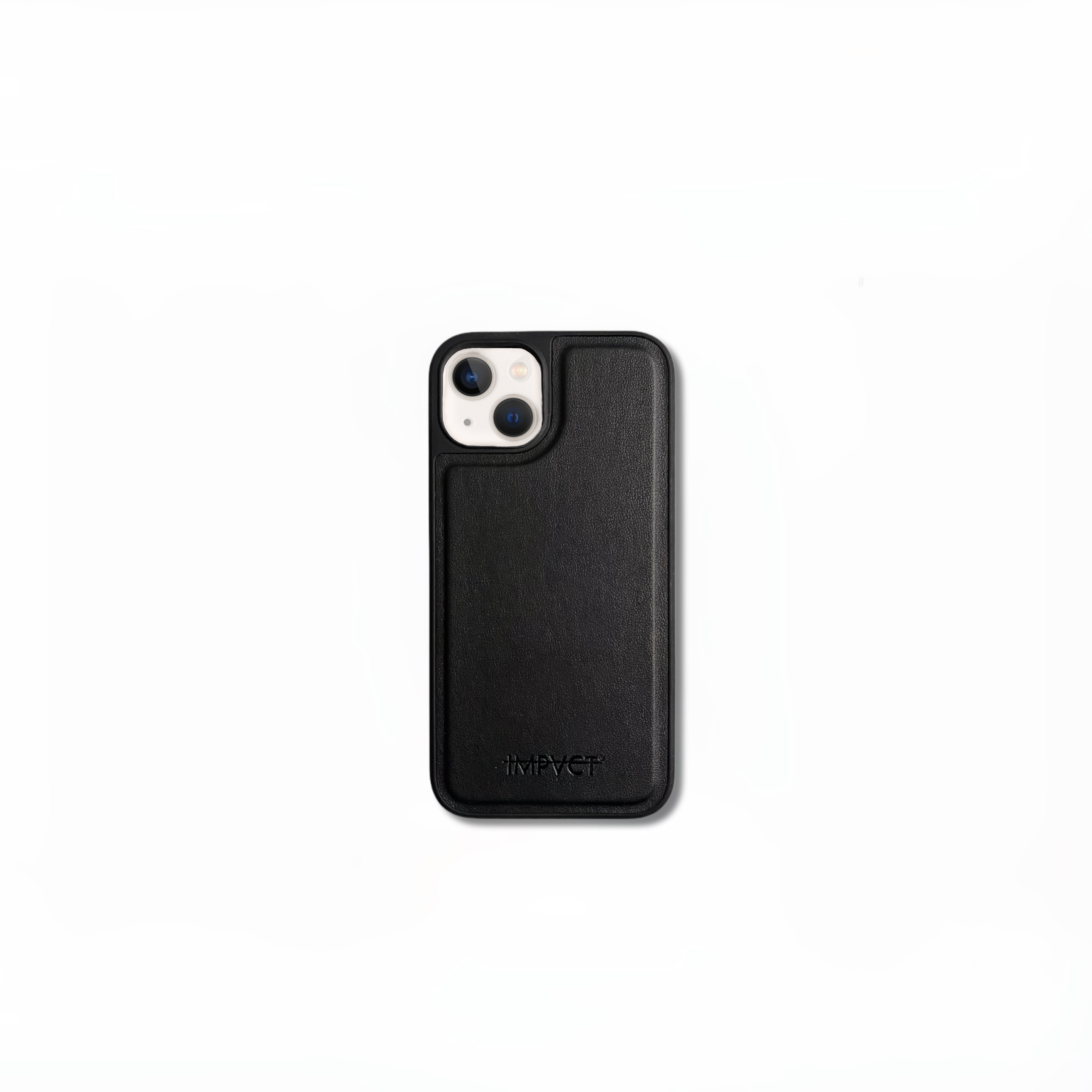 Custodia nera per telefono con due fotocamere. La custodia ha la scritta 'IMPACT'. Sfondo bianco.