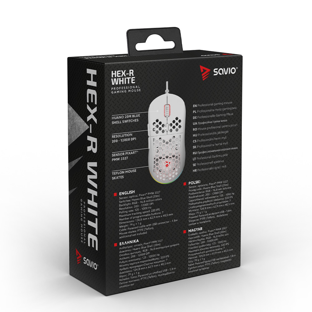 Opakowanie myszy do gier Savio Hex-R White, zawierające szczegółowe informacje o funkcjach i specyfikacjach w wielu językach.