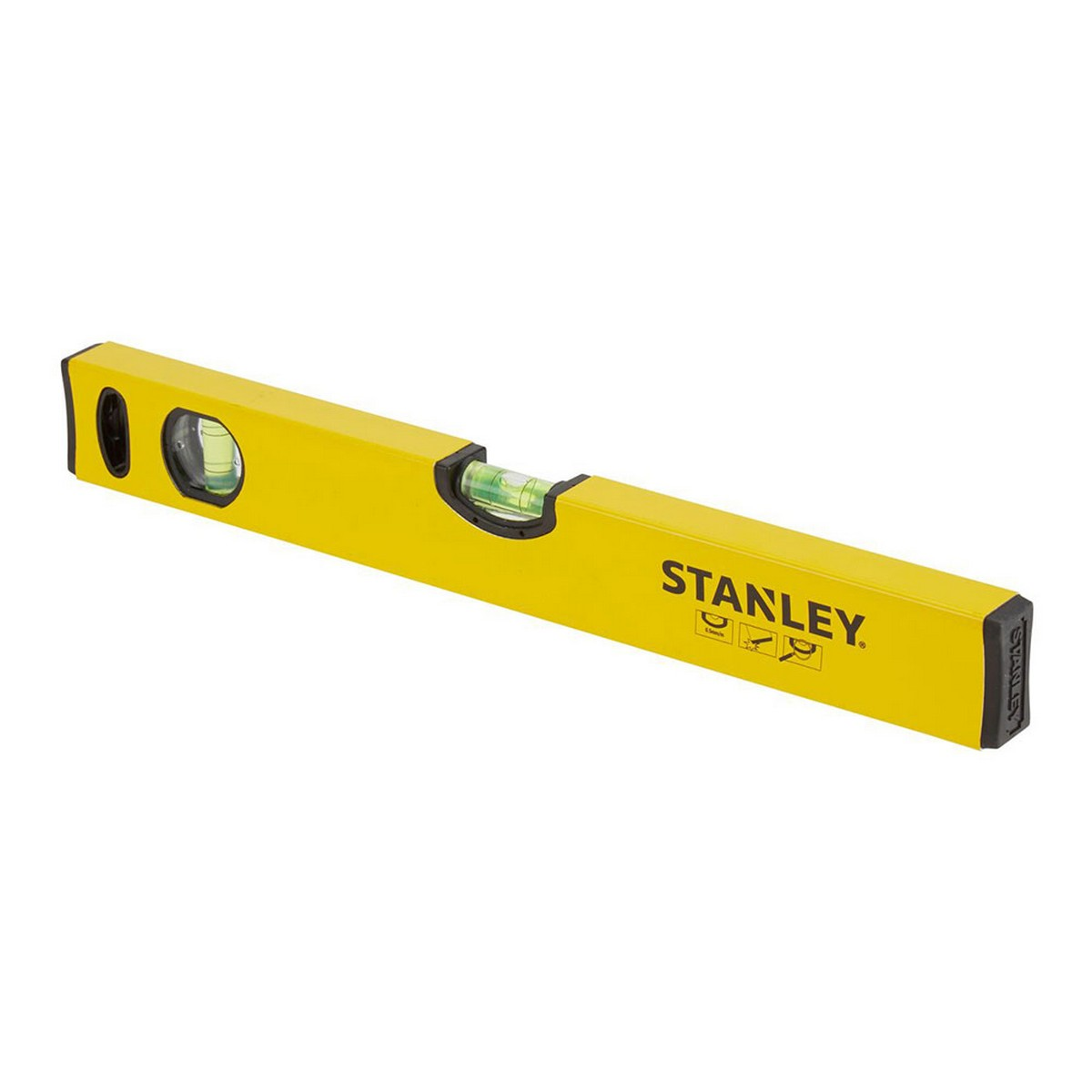Livella Stanley gialla con bolla e segni. Con logo Stanley nero e rosso.
