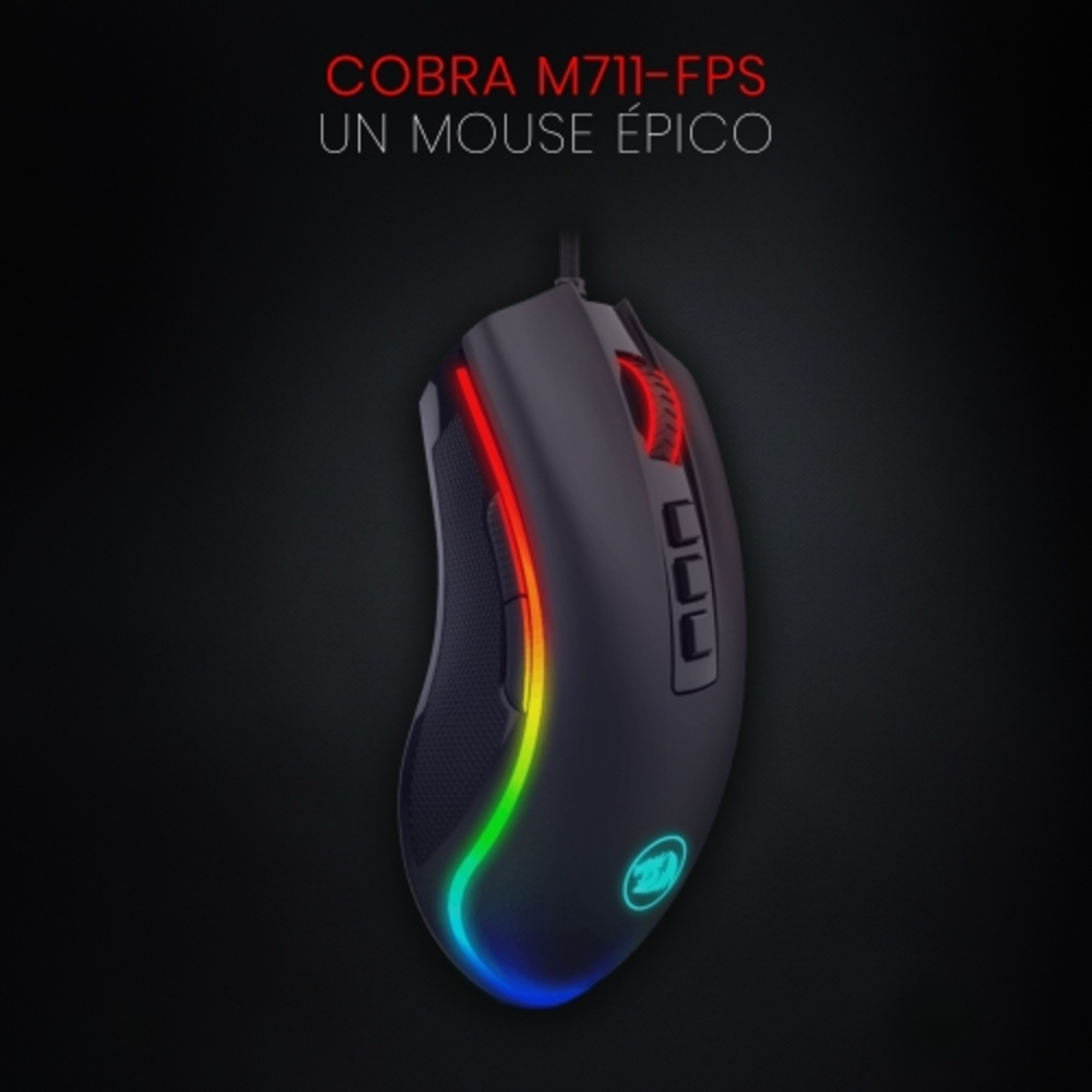 Czarna mysz do gier z czerwonymi i zielonymi diodami LED oraz logo na dole. Tekst w tle.