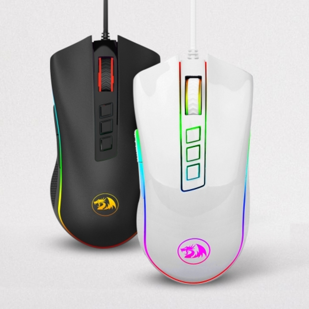 Dwie myszy gamingowe na jasnym tle. Jedna biała, druga czarna z podświetleniem RGB.