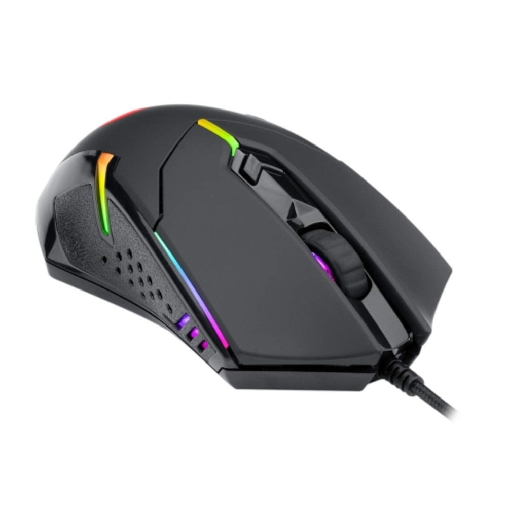 Mouse da gioco nero con rotella e luci colorate su sfondo bianco.