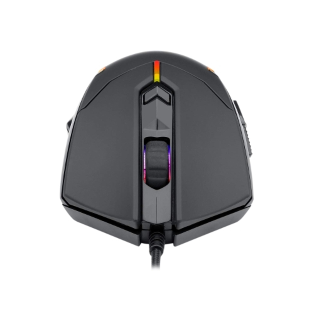 Mouse da gioco nero con rotella, pulsanti e luci colorate, sfondo bianco.