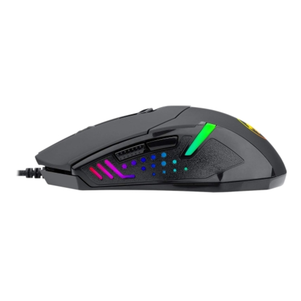 Mouse da gioco nero con pulsanti laterali e luci colorate su sfondo bianco.
