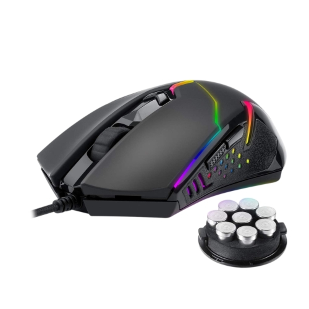 Mouse da gioco nero con luci RGB e vassoio pesi rimovibile su sfondo bianco.