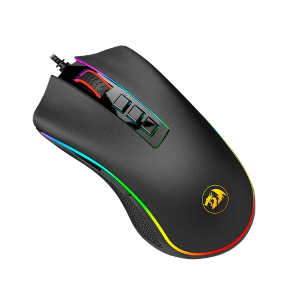 Zwarte gamingmuis met RGB-verlichting en drakenlogo op witte achtergrond, schuine weergave.