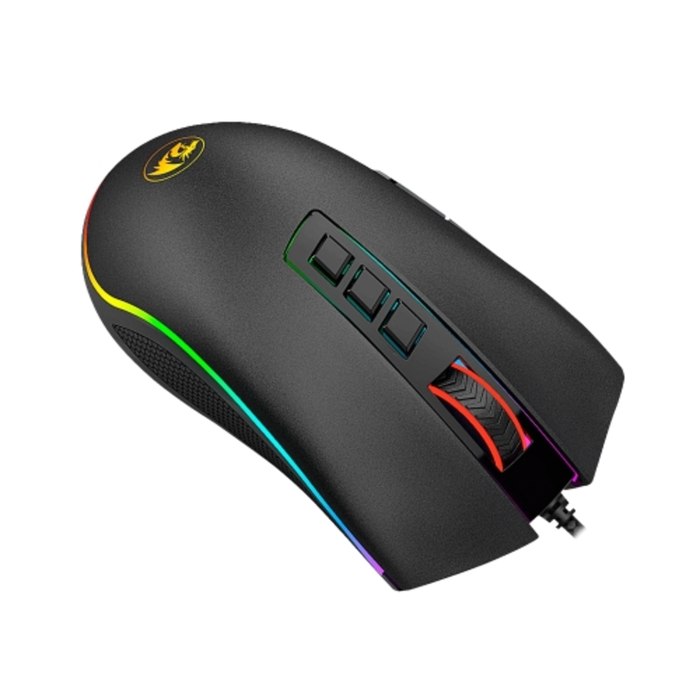 Zwarte gamingmuis met RGB-verlichting en drakenlogo, schuine weergave op witte achtergrond.
