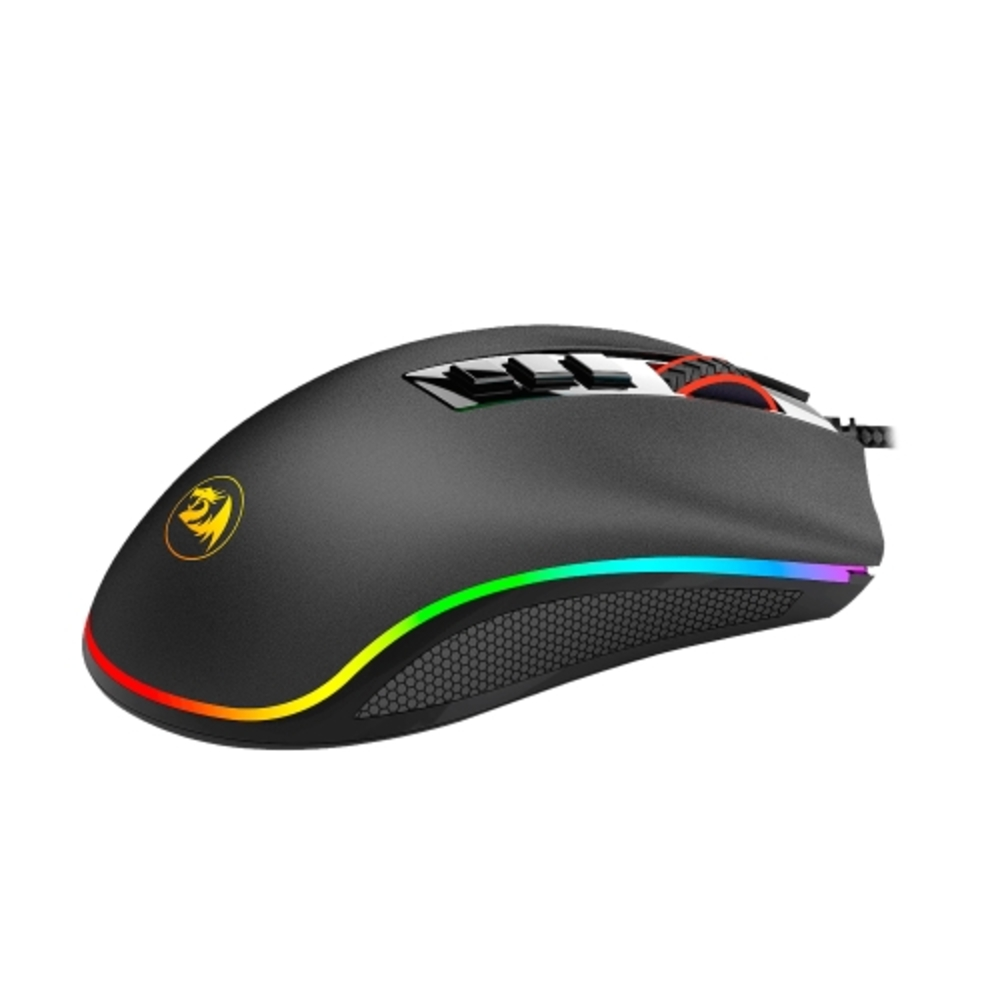 Zwarte gamingmuis met een regenboog LED-strip en het drakenlogo. De muis heeft knoppen en een scrollwiel.