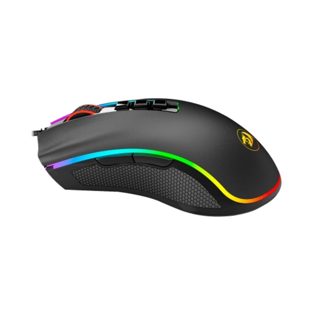 Zwarte gamingmuis met regenboog LED-strip, knoppen en een honingraatpatroon aan de zijkant. Drakenlogo zichtbaar.