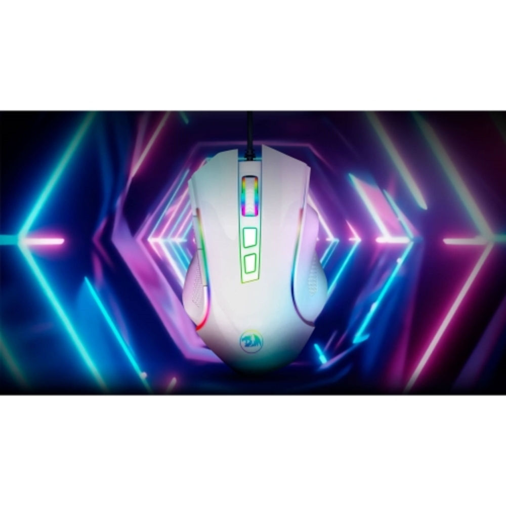 Biała mysz do gier z tęczowymi światłami LED. Tło ma neonowe światła niebieskie, fioletowe i różowe.