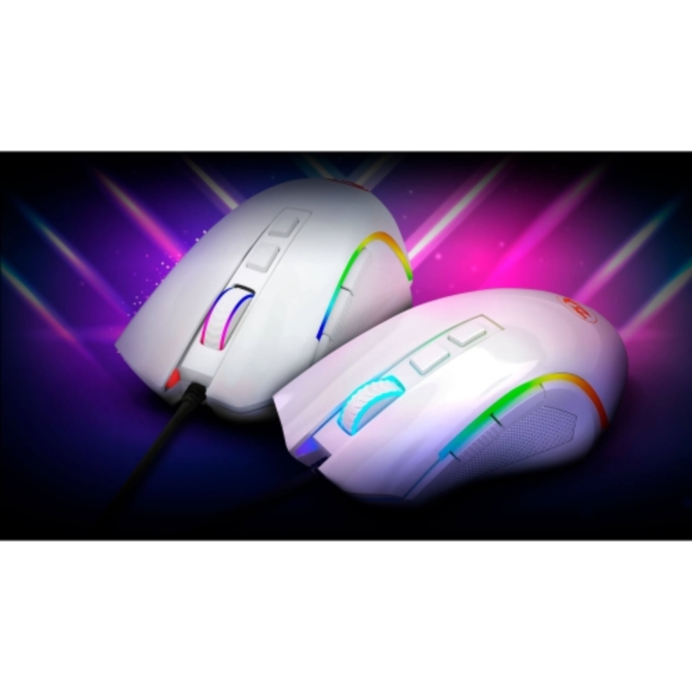 Dwie białe myszy do gier z tęczowymi światłami LED. Tło pokazuje neonowe światła niebieskie, różowe i fioletowe.