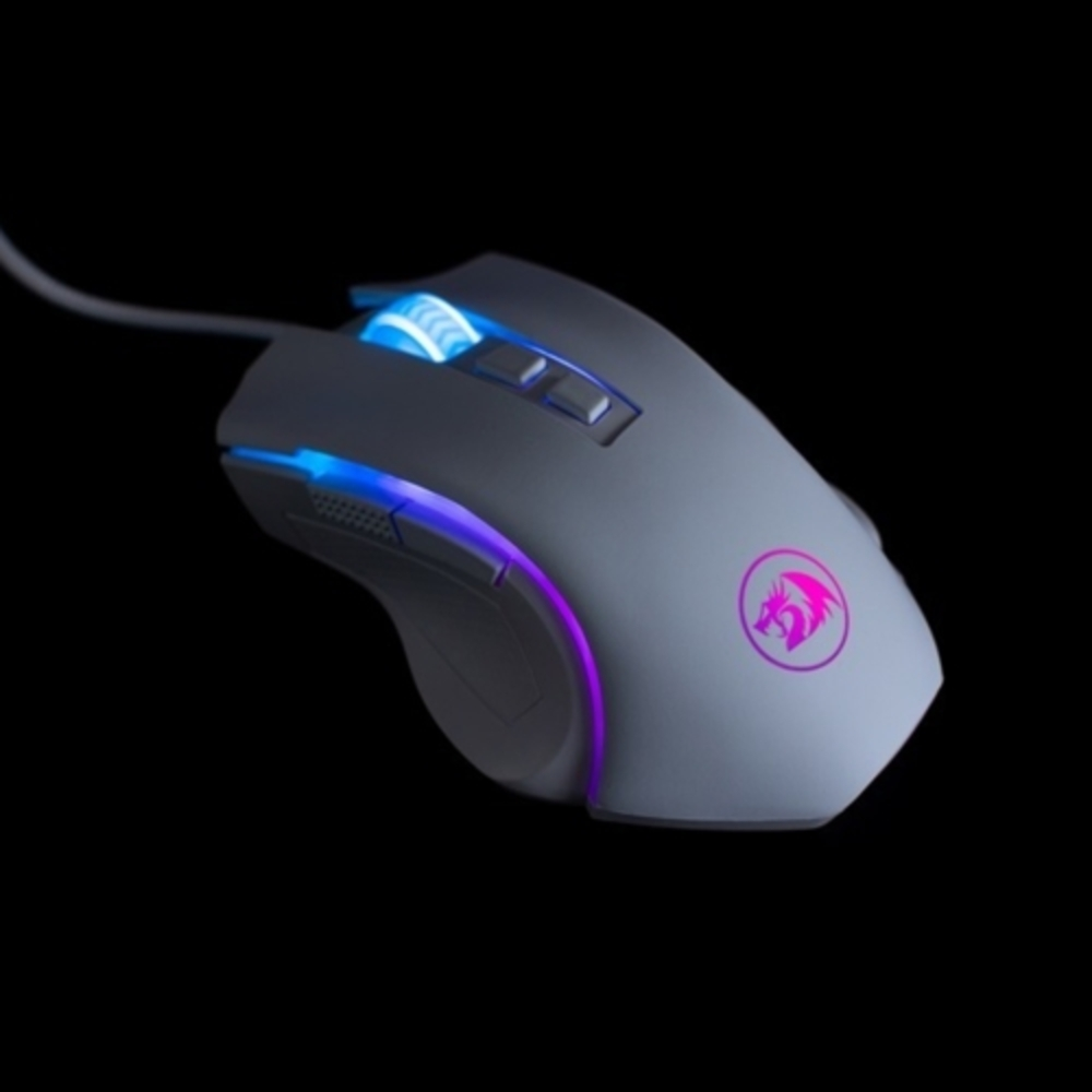 Biała mysz do gier na czarnym tle. Ma niebieskie i różowe światła LED oraz logo Redragon.