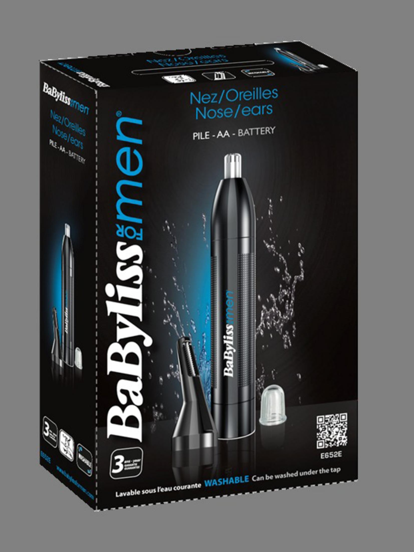 La boîte du trimmer nez/oreilles BaBylissMEN. La boîte est noire avec du texte bleu, affichant le produit et ses caractéristiques.