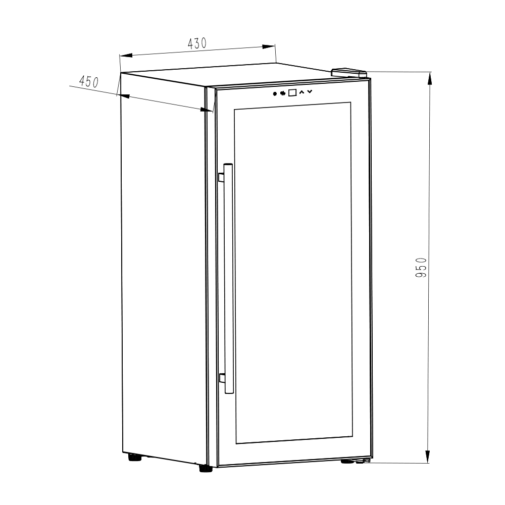 Dibujo lineal de una vinoteca con dimensiones. Forma rectangular, puerta de vidrio, asa, contorno negro.