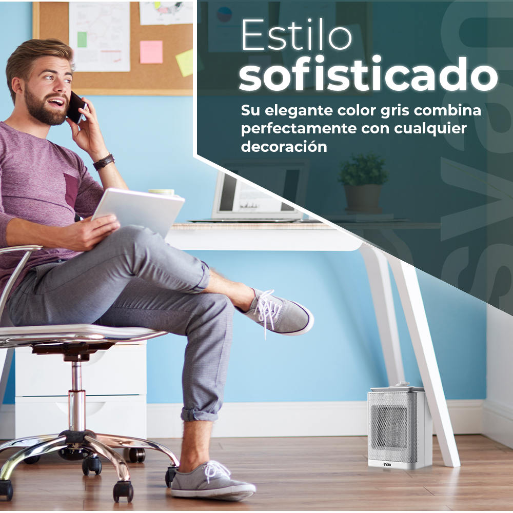 Hombre con llamada y tablet, con calefactor en habitación. Texto en español.