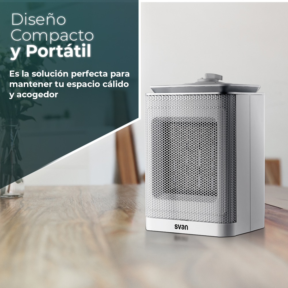 Un calefactor Svan blanco y plateado sobre una mesa de madera, con texto.