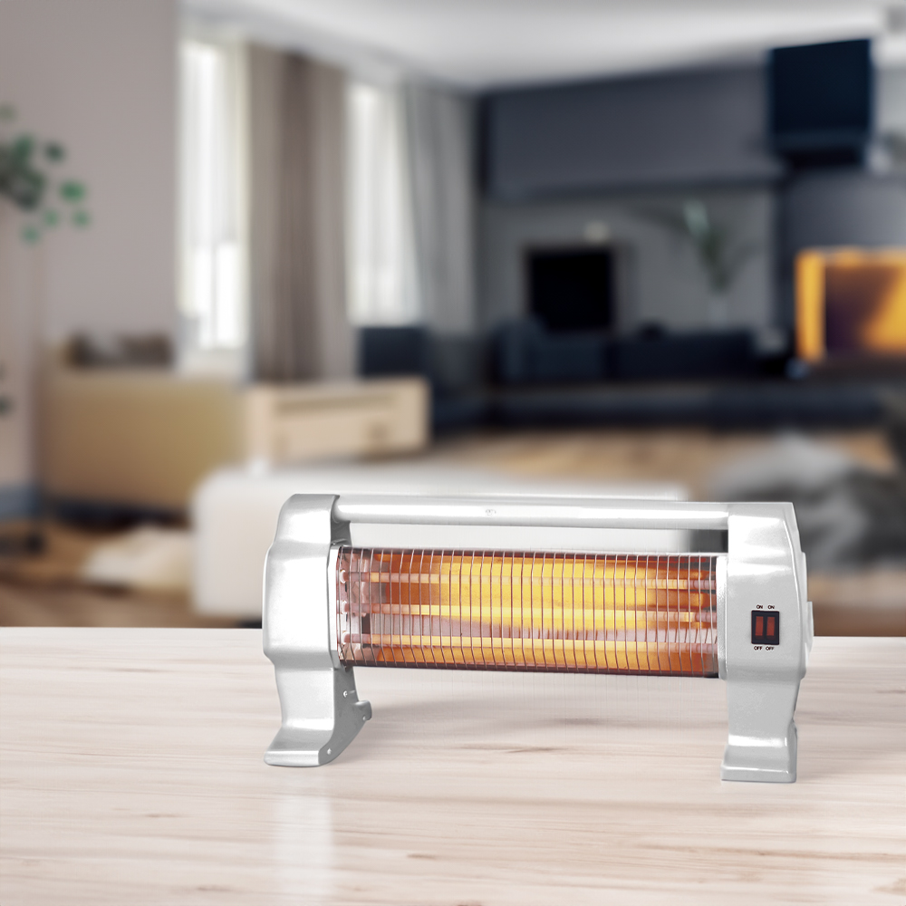 Un calefactor eléctrico blanco en una mesa, fondo borroso de salón.