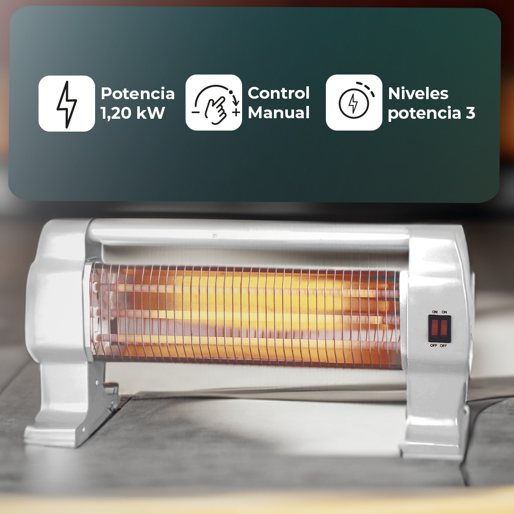 Calentador eléctrico con iconos y texto que indican características.