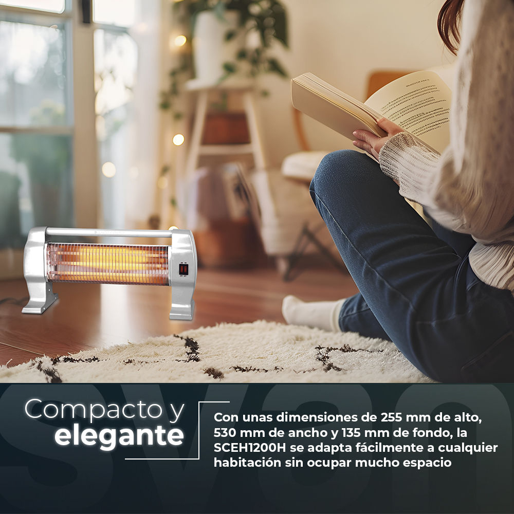 Mujer leyendo junto a un calefactor eléctrico sobre una alfombra, texto.