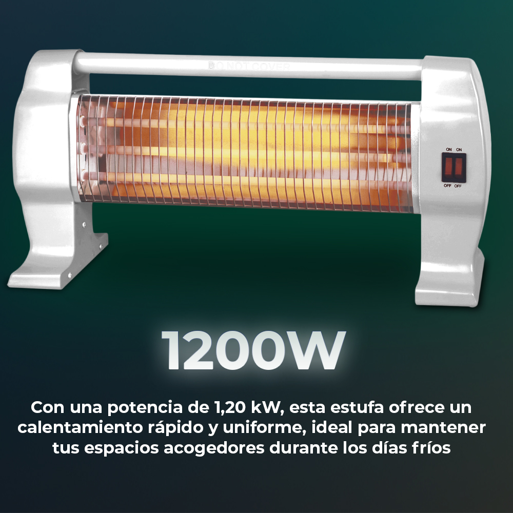 Calentador eléctrico con texto 1200W y una descripción del calentador.