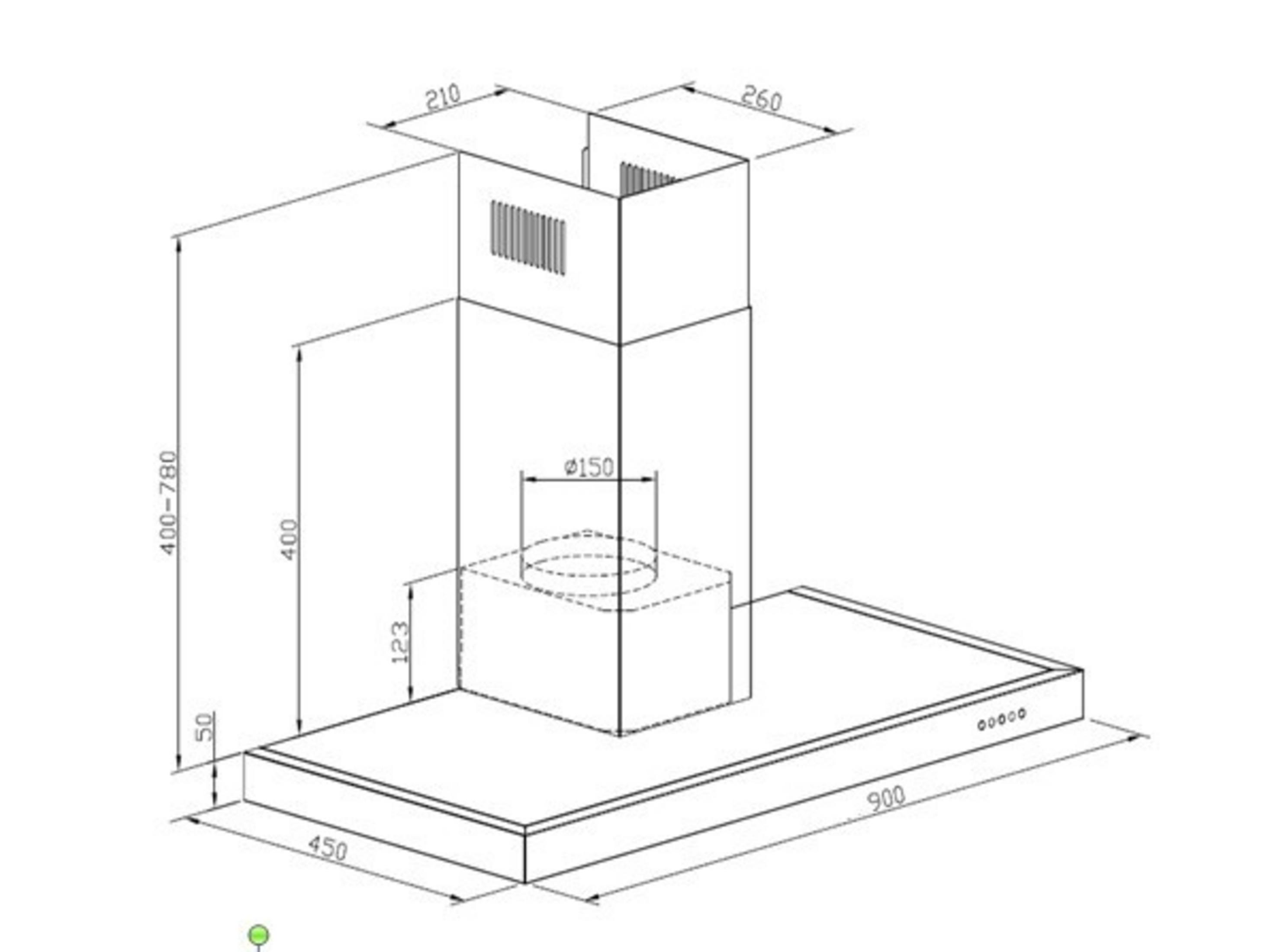 Technische Zeichnung einer Dunstabzugshaube mit Maßen und Details.
