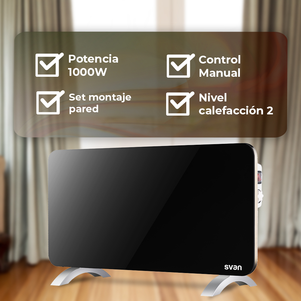 Calentador eléctrico negro con patas plateadas. 1000W, control manual, montaje en pared, nivel 2.