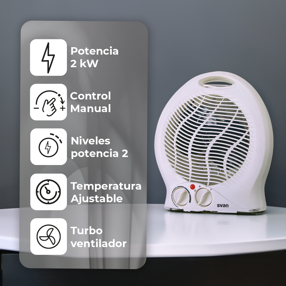 Calentador con ventilador blanco con diales de control. 2kW, control manual, temperatura ajustable.